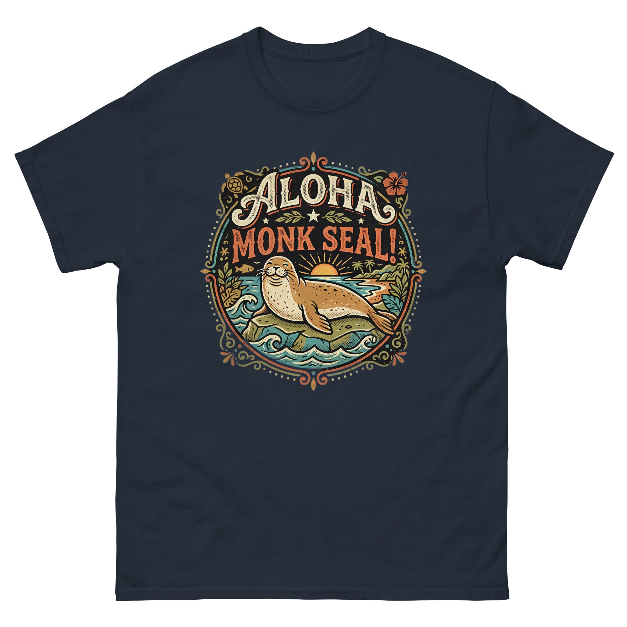 Aloha Monk Seal Emblem Hawaiian t-shirt design on a Navy unisex tee