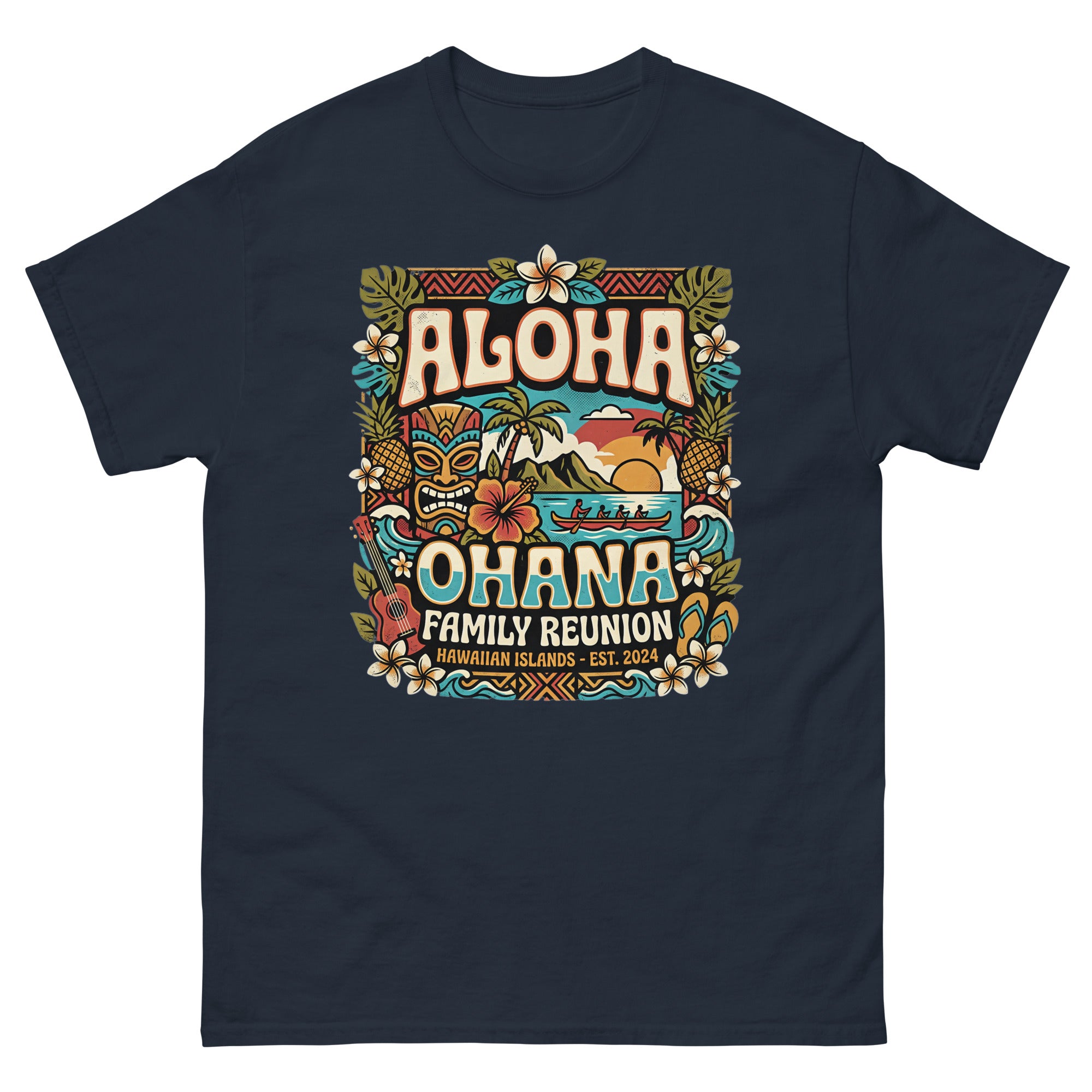 Ohana Family Reunion Gathering v4 Hawaiian t-shirt design on a Navy unisex tee