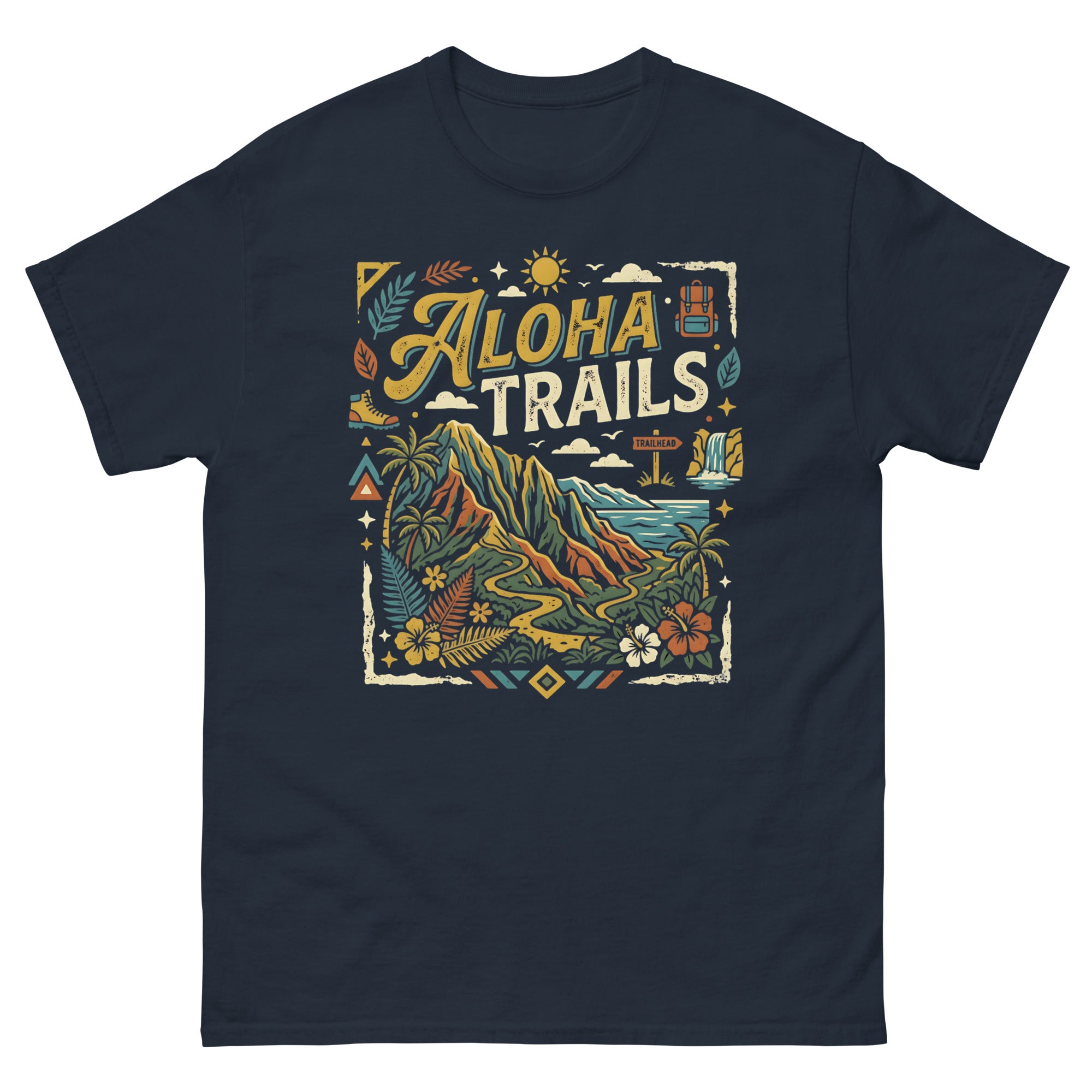 Aloha Trails v1 Hawaiian t-shirt design on a Navy unisex tee