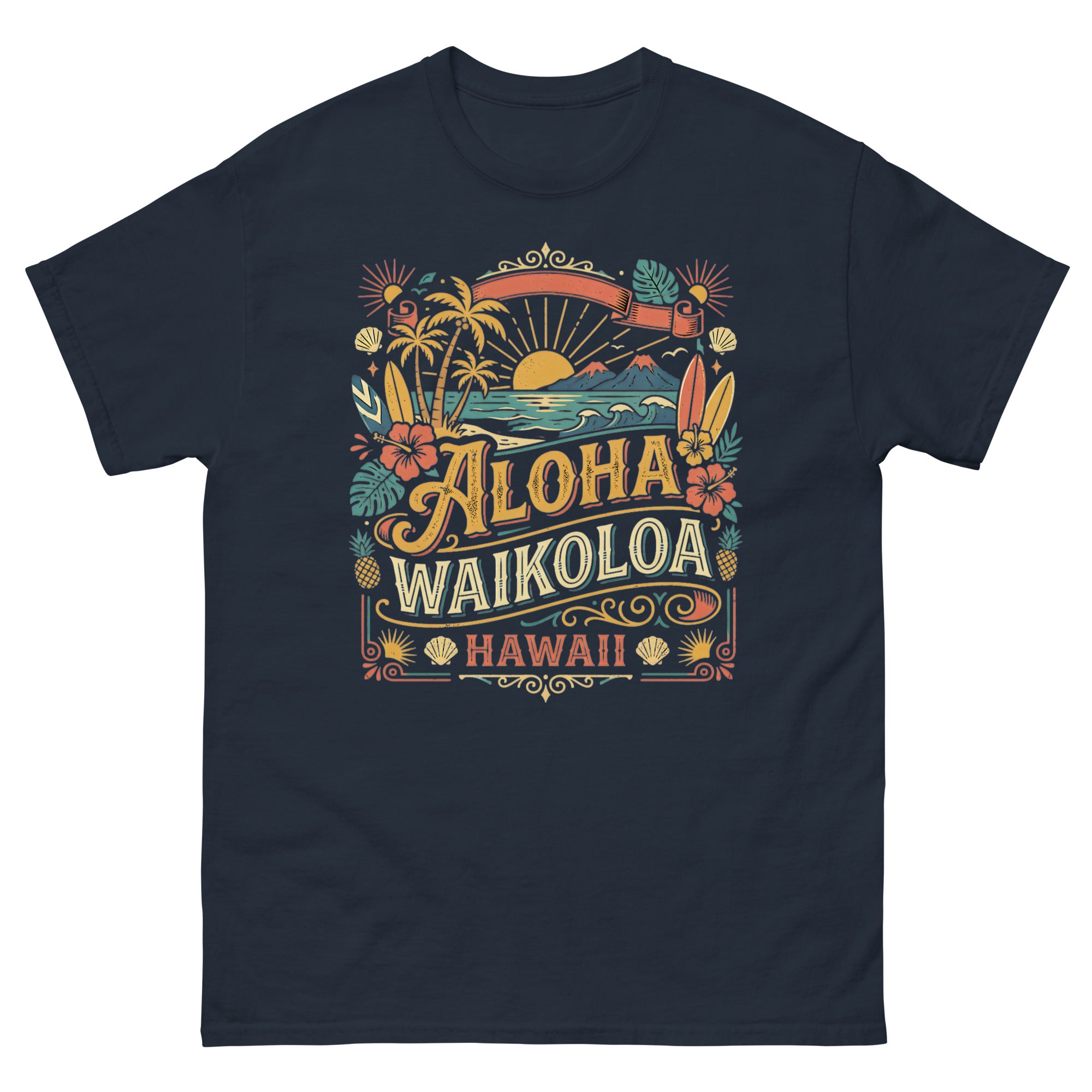 Aloha Waikoloa Hawaii Hawaiian t-shirt design on a Navy unisex tee