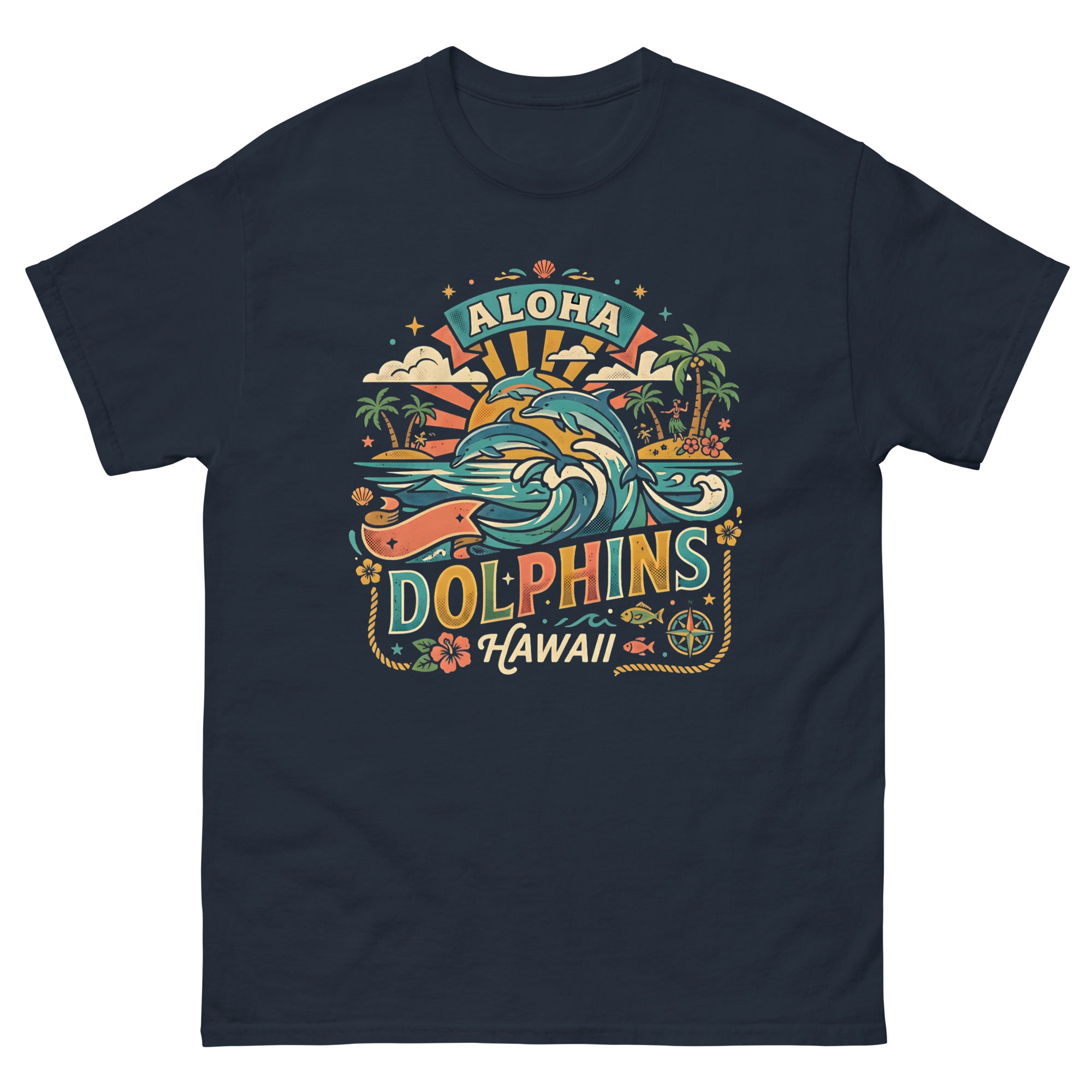 Aloha State Dolphins v4 Hawaiian t-shirt design on a Navy unisex tee