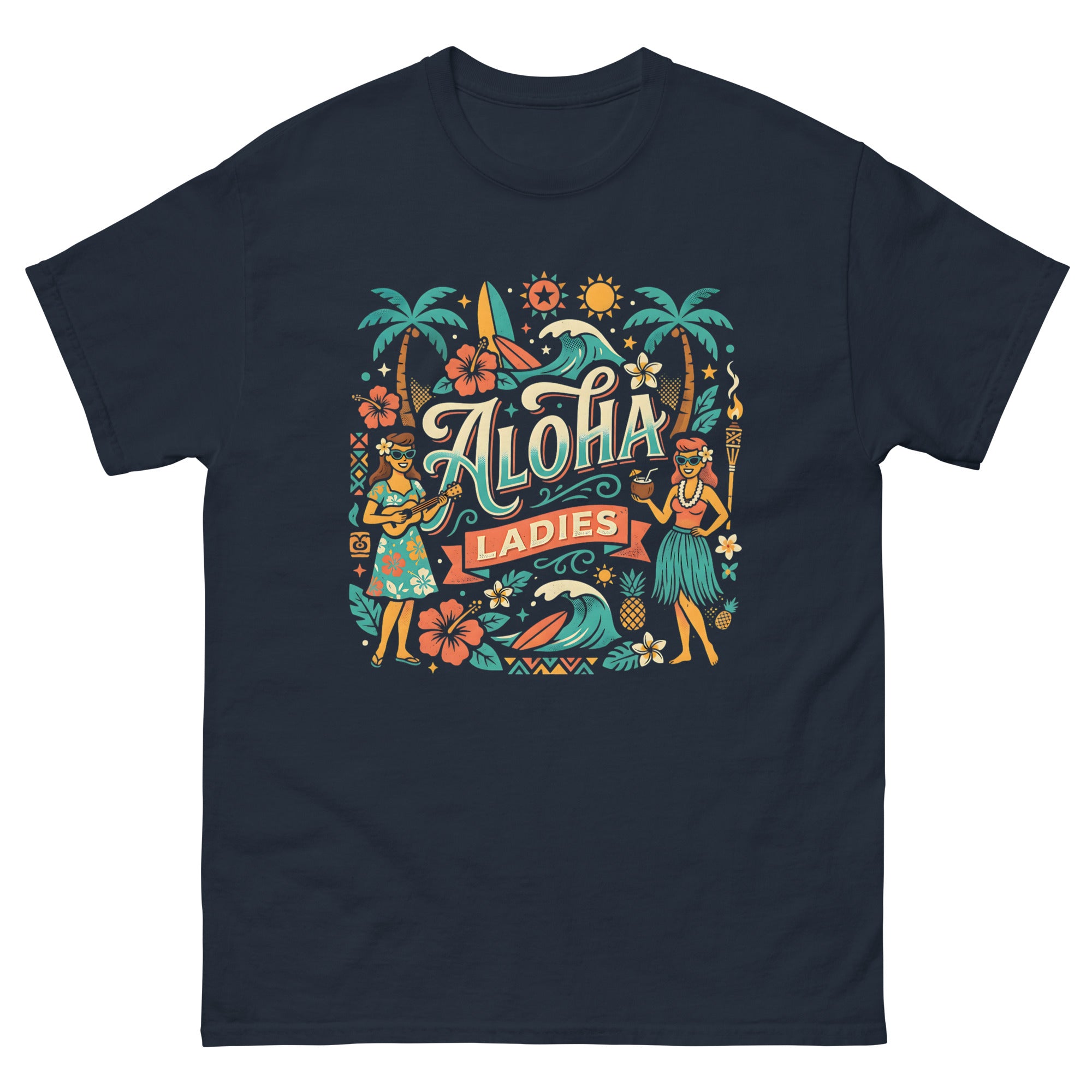 Aloha Sisters v3 Hawaiian t-shirt design on a Navy unisex tee