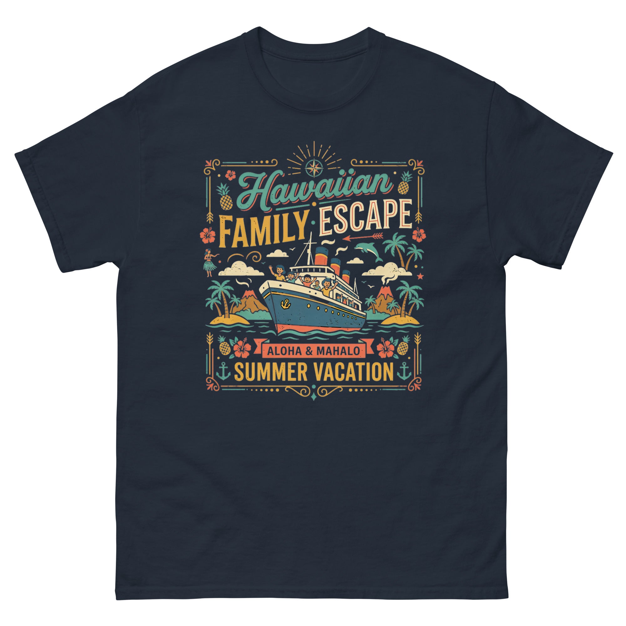 Hawaii Ohana Sea Adventure v4 Hawaiian t-shirt design on a Navy unisex tee