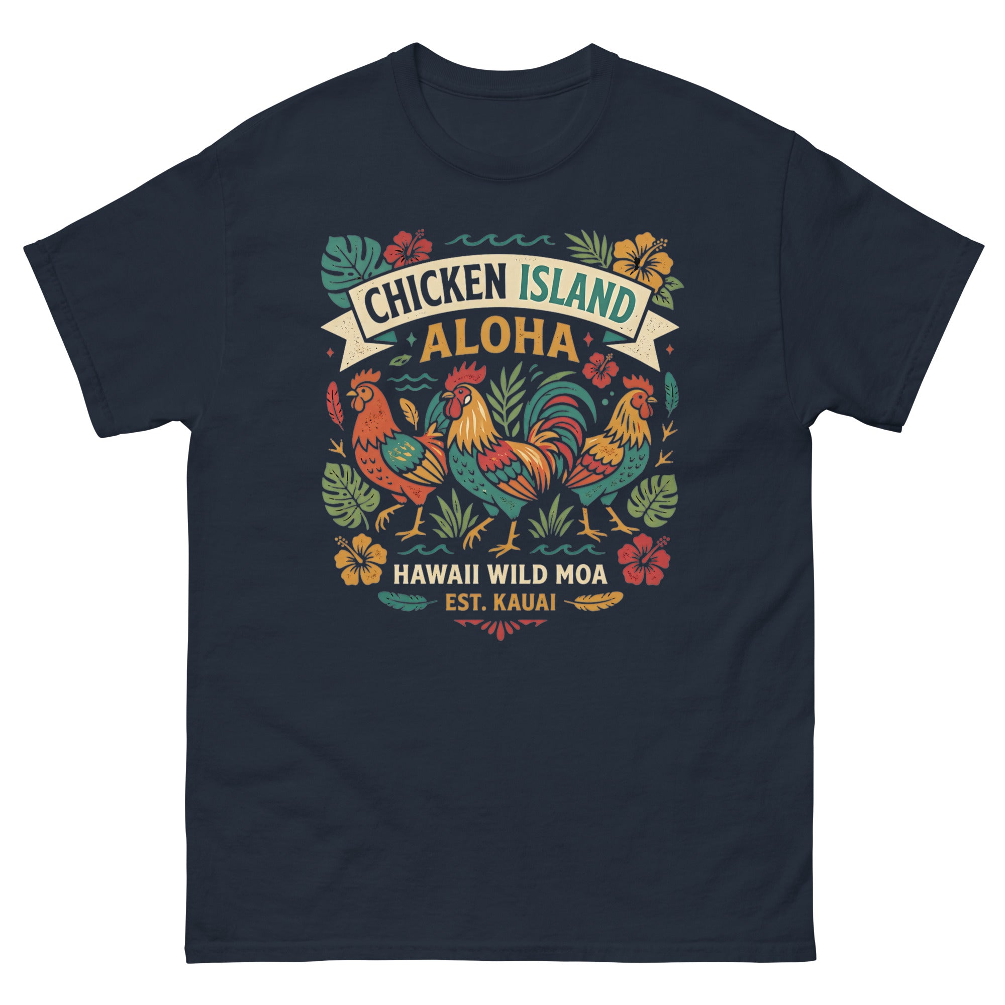 Chicken Island Aloha Kauai v1 Hawaiian t-shirt design on a Navy unisex tee