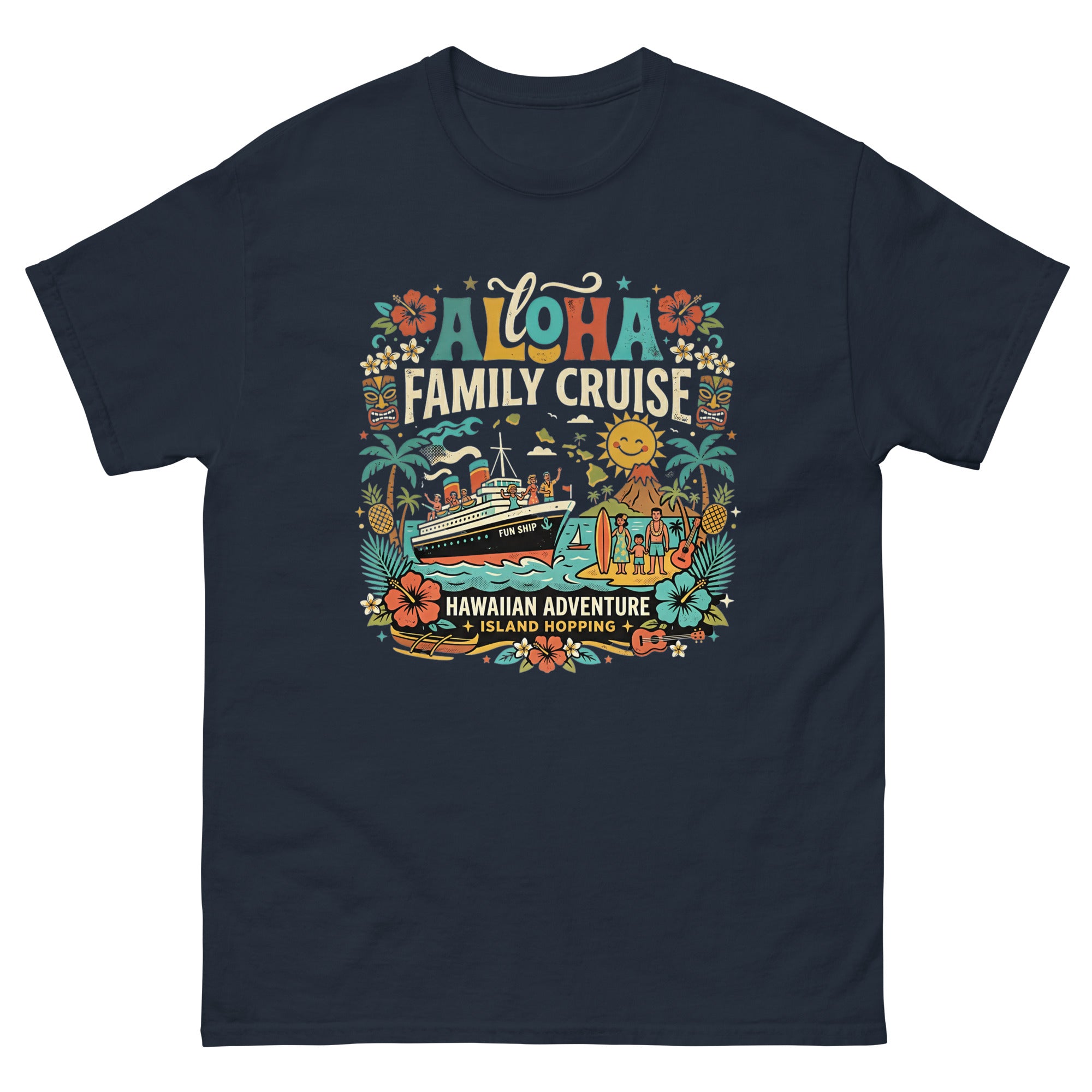 Hawaii Ohana Sea Adventure v3 Hawaiian t-shirt design on a Navy unisex tee