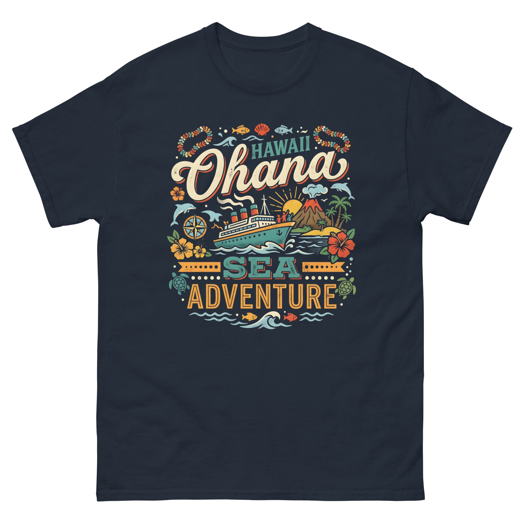 Hawaii Ohana Sea Adventure v1 Hawaiian t-shirt design on a Navy unisex tee