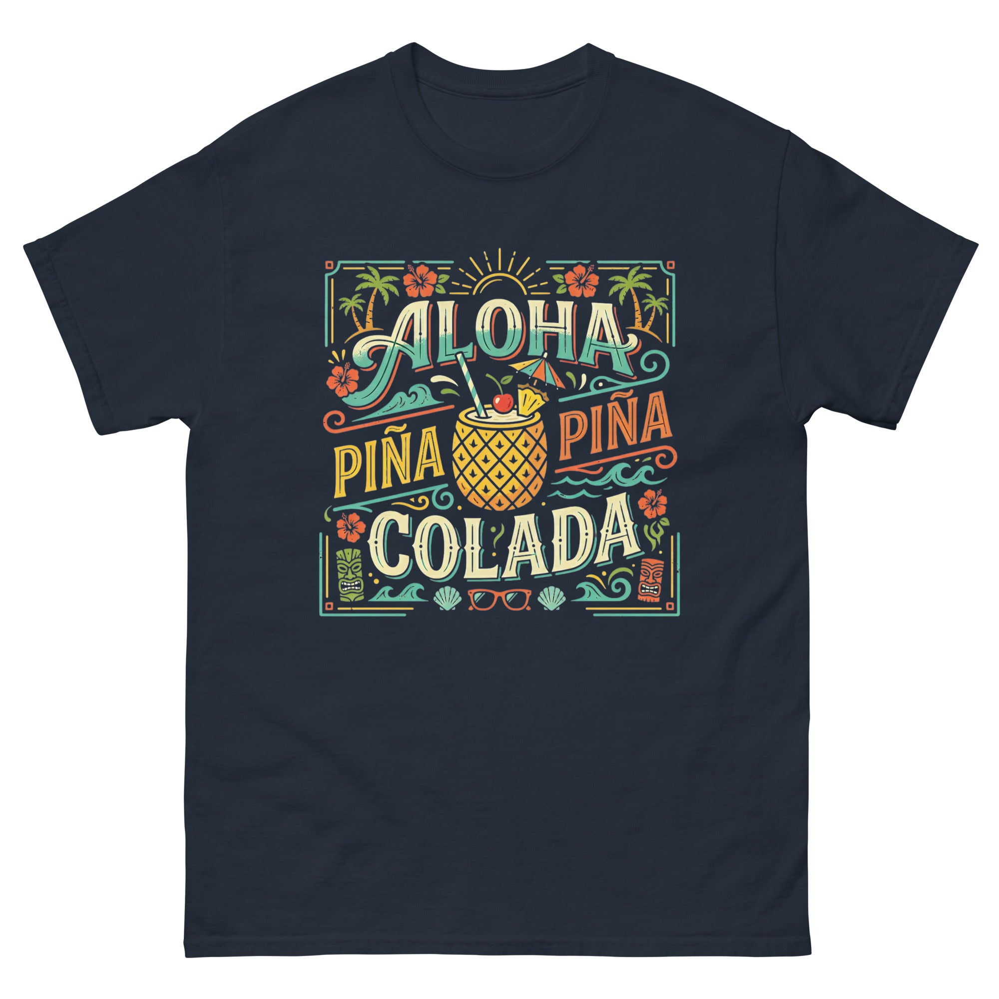 Hawaii Pina Coladas Aloha in a Glass v3 Hawaiian t-shirt design on a Navy unisex tee