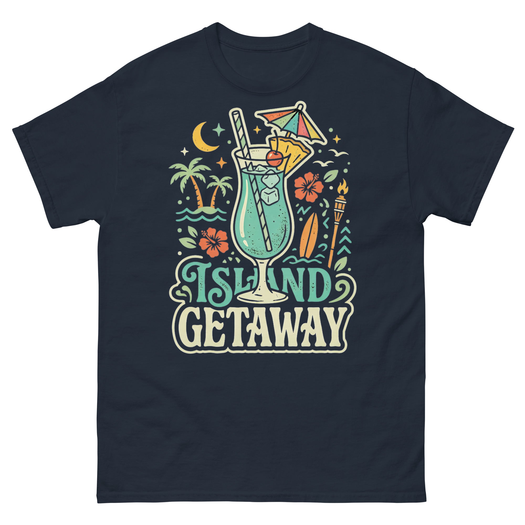 Blue Hawaii Island Paradise v2 Hawaiian t-shirt design on a Navy unisex tee