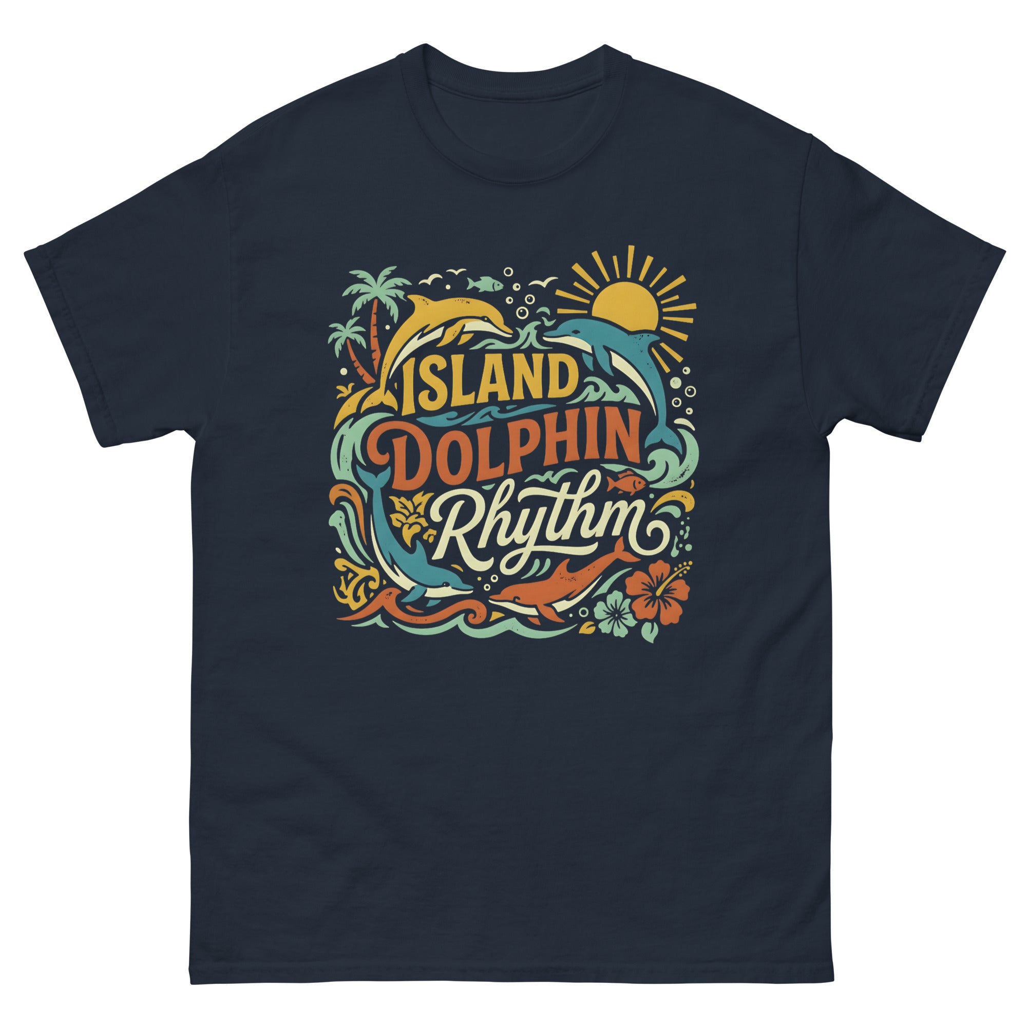 Aloha State Dolphins v2 Hawaiian t-shirt design on a Navy unisex tee