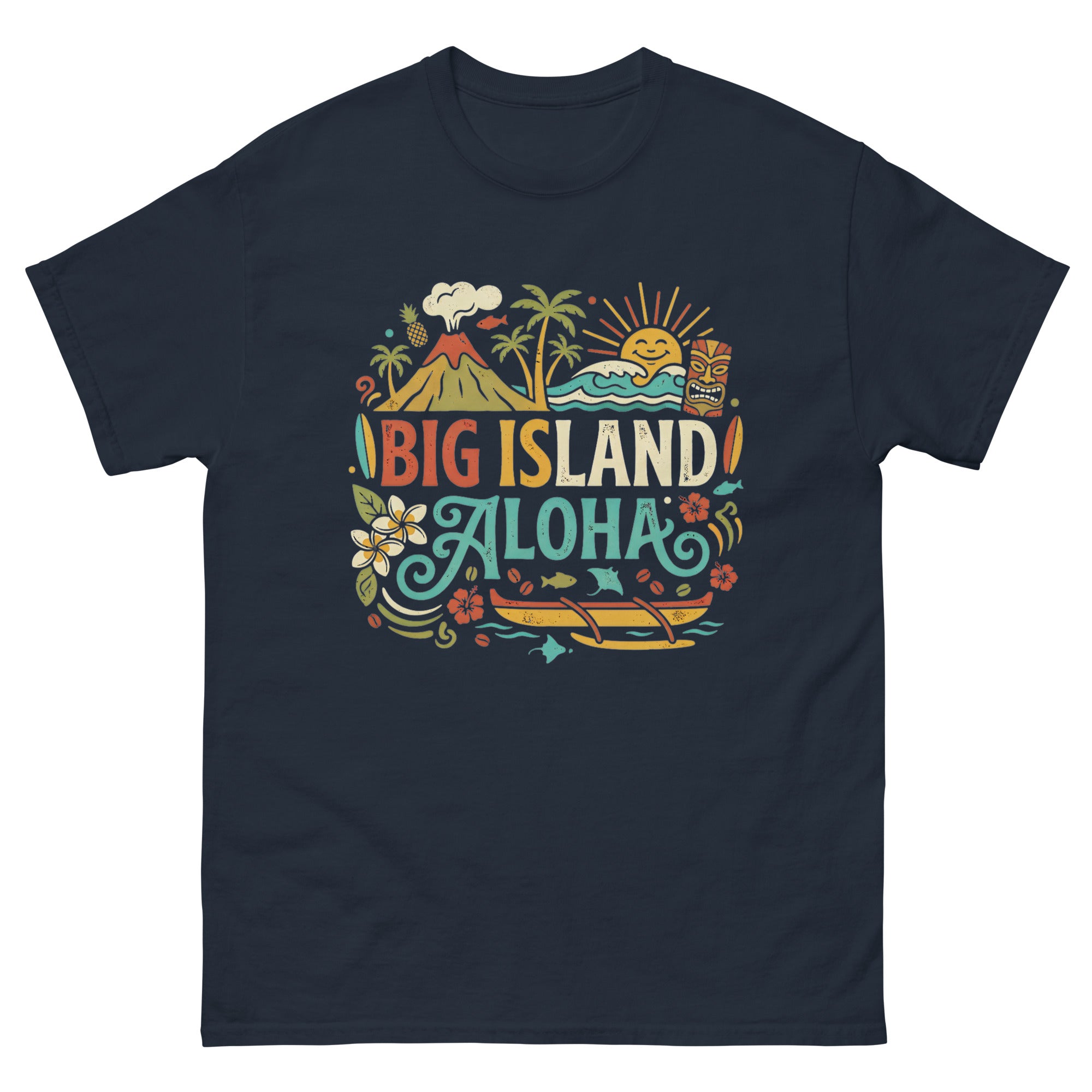 Big Island Aloha Hawaiian t-shirt design on a Navy unisex tee