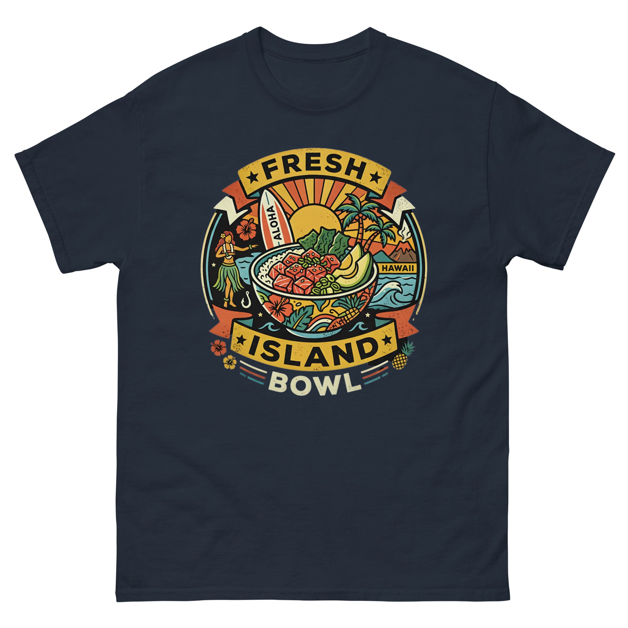 Fresh Island Bowl Hawaii Hawaiian t-shirt design on a Navy unisex tee