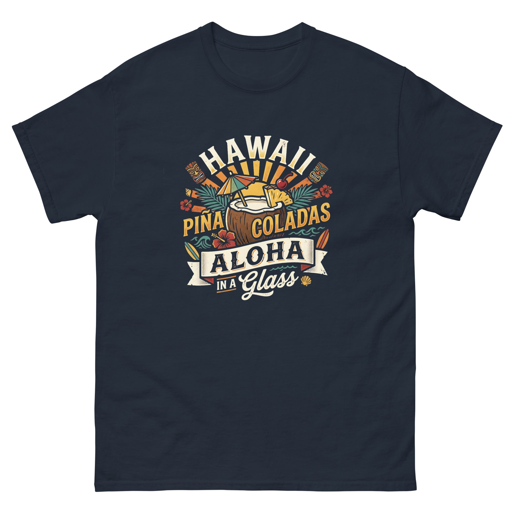 Hawaii Pina Coladas Aloha in a Glass v1 Hawaiian t-shirt design on a Navy unisex tee