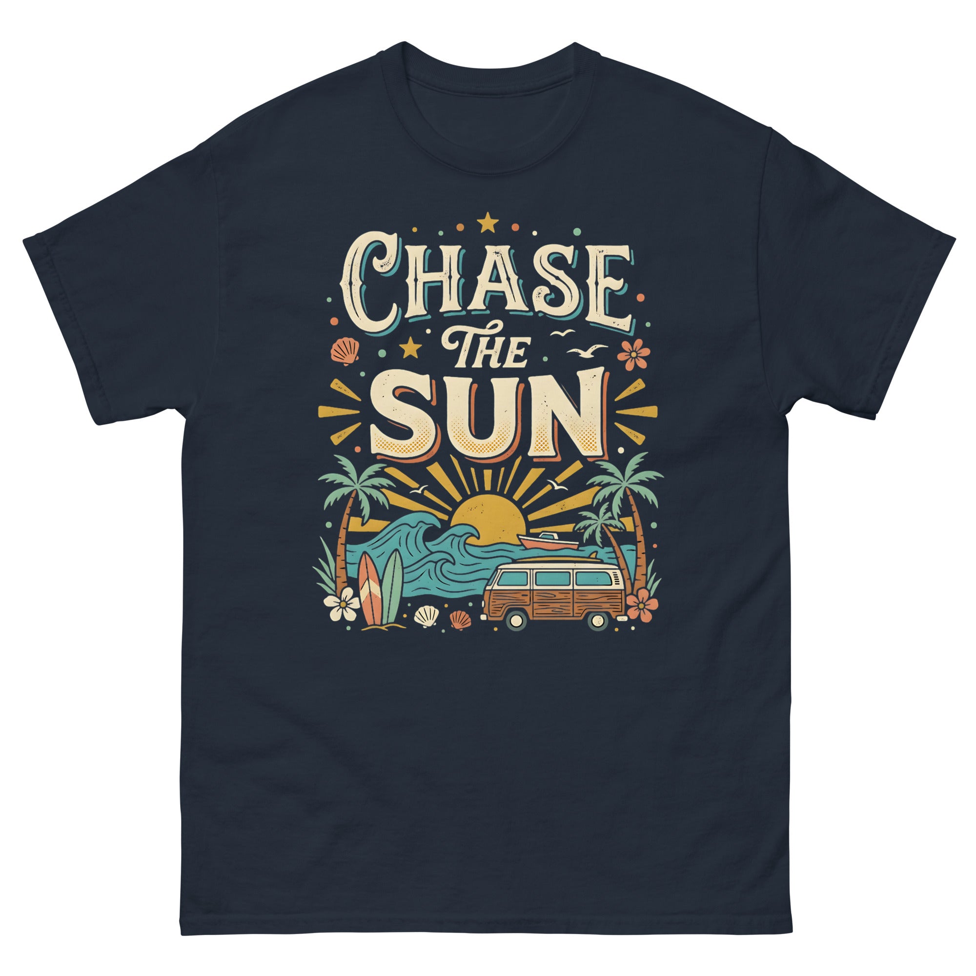 Chasing the Sun v4 Hawaiian t-shirt design on a Navy unisex tee