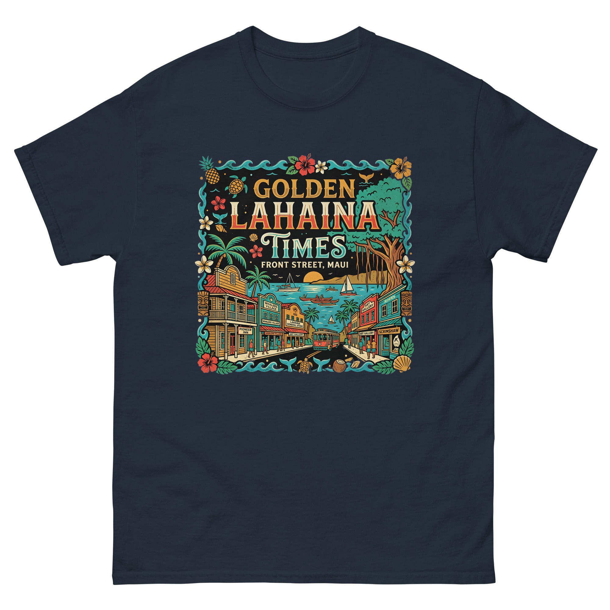 Golden Lahaina Times Front Street Hawaiian t-shirt design on a Navy unisex tee