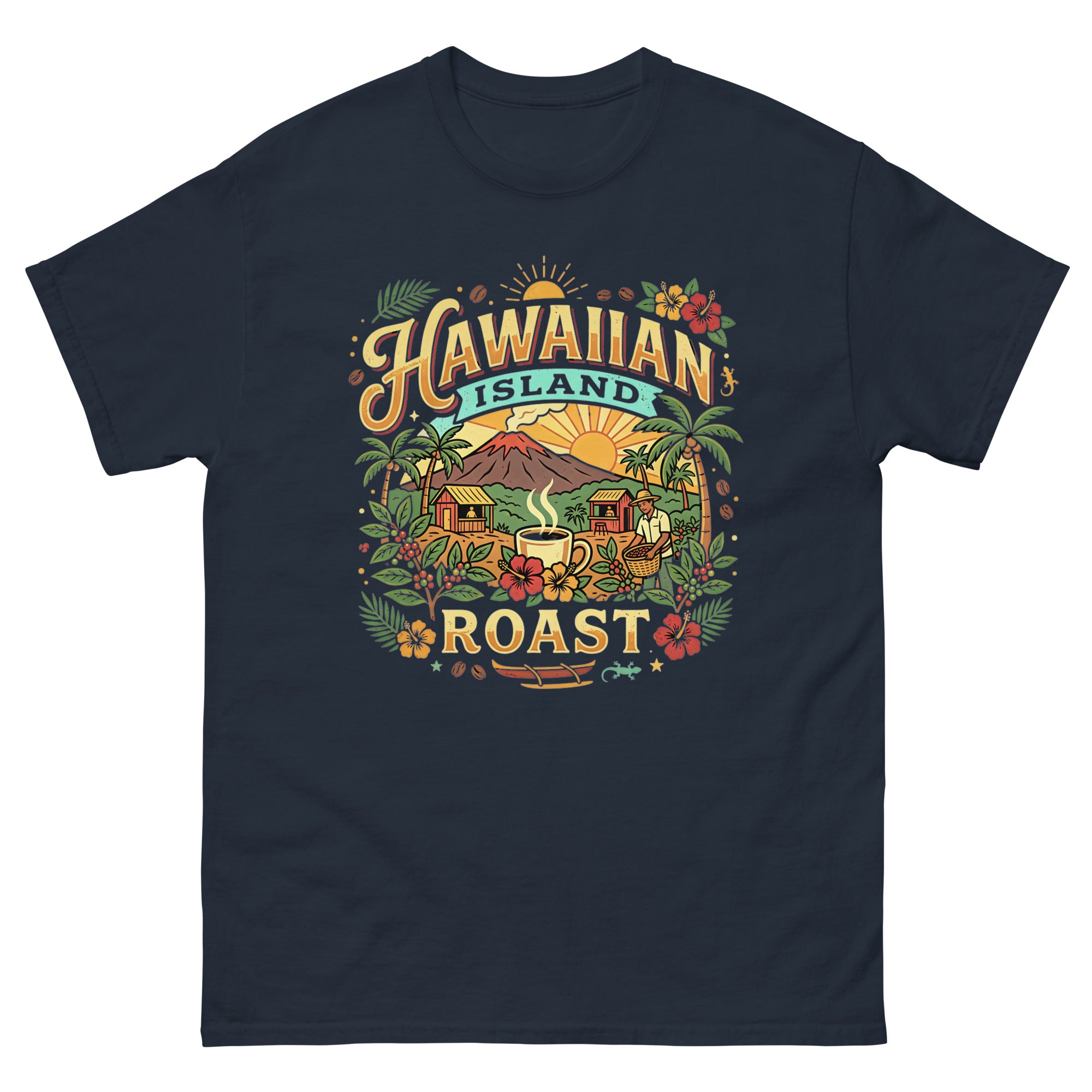 Hawaiian Island Roast Hawaiian t-shirt design on a Navy unisex tee