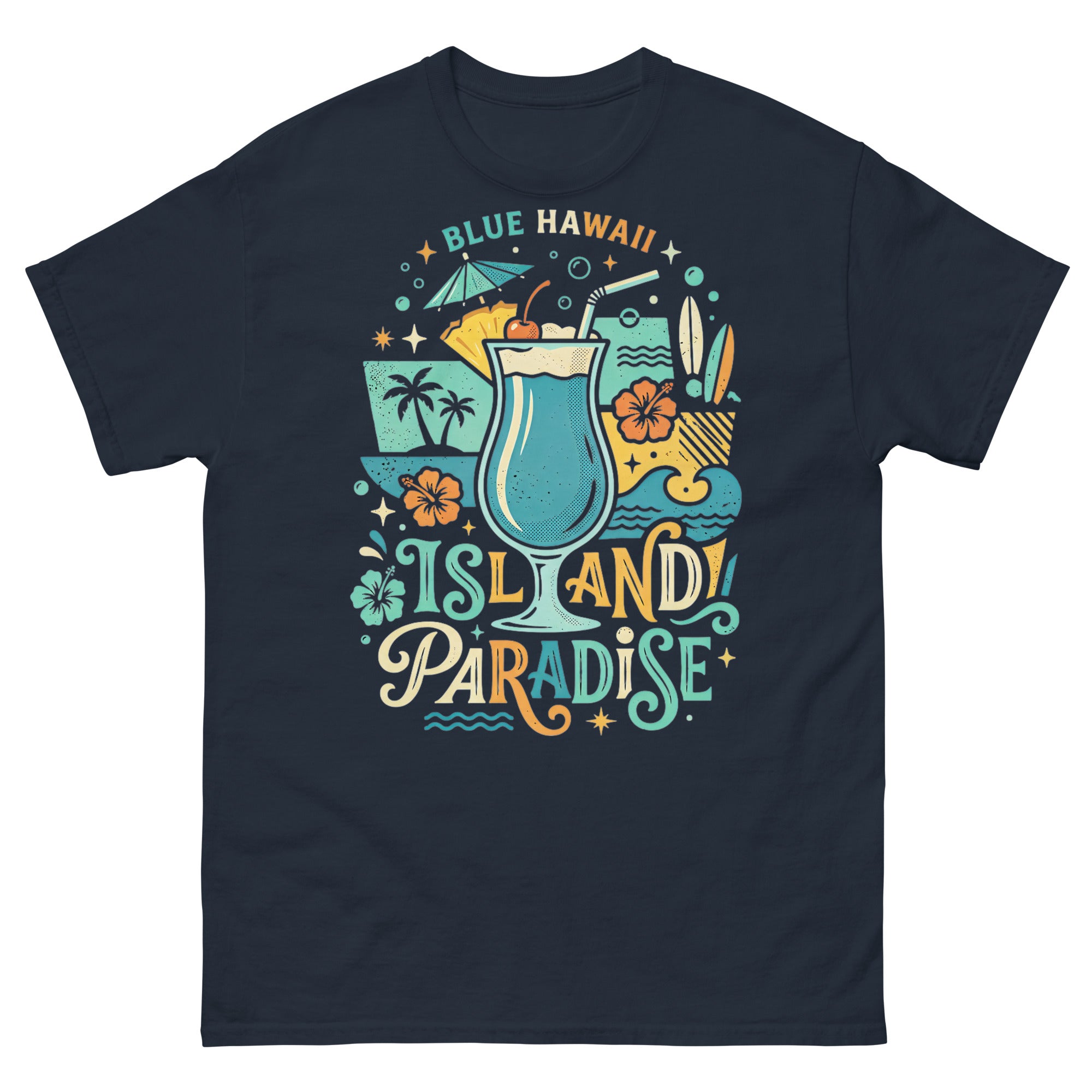 Blue Hawaii Island Paradise v1 Hawaiian t-shirt design on a Navy unisex tee