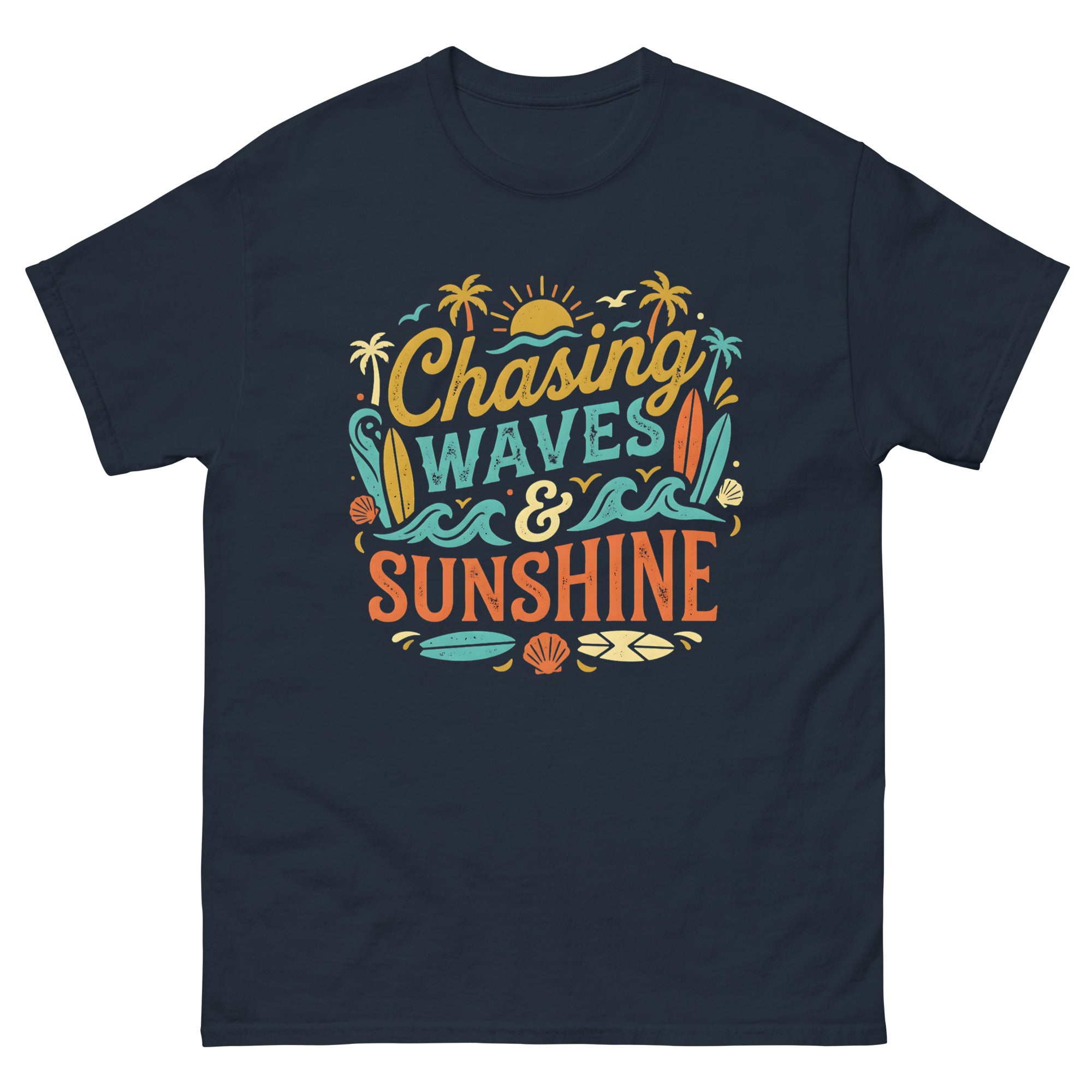 Chasing the Sun v3 Hawaiian t-shirt design on a Navy unisex tee