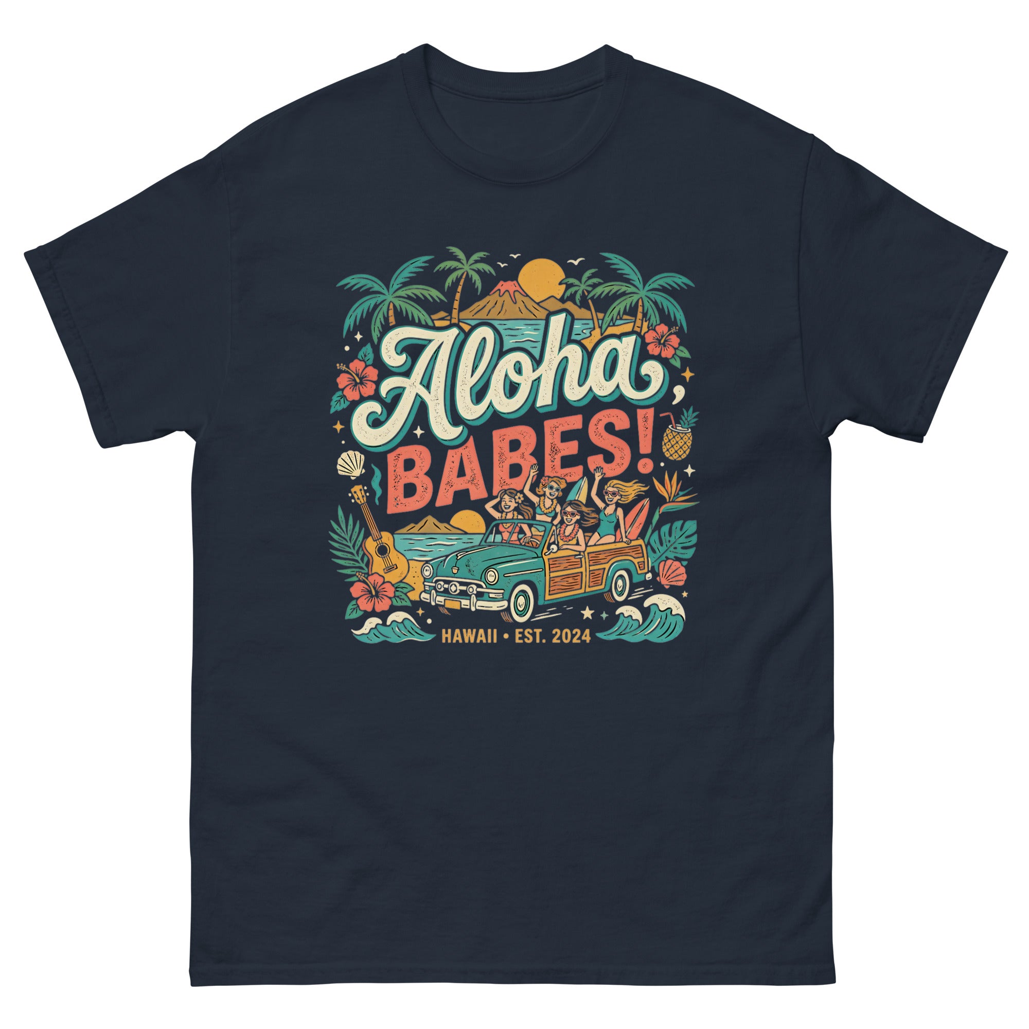 Aloha Sisters v4 Hawaiian t-shirt design on a Navy unisex tee