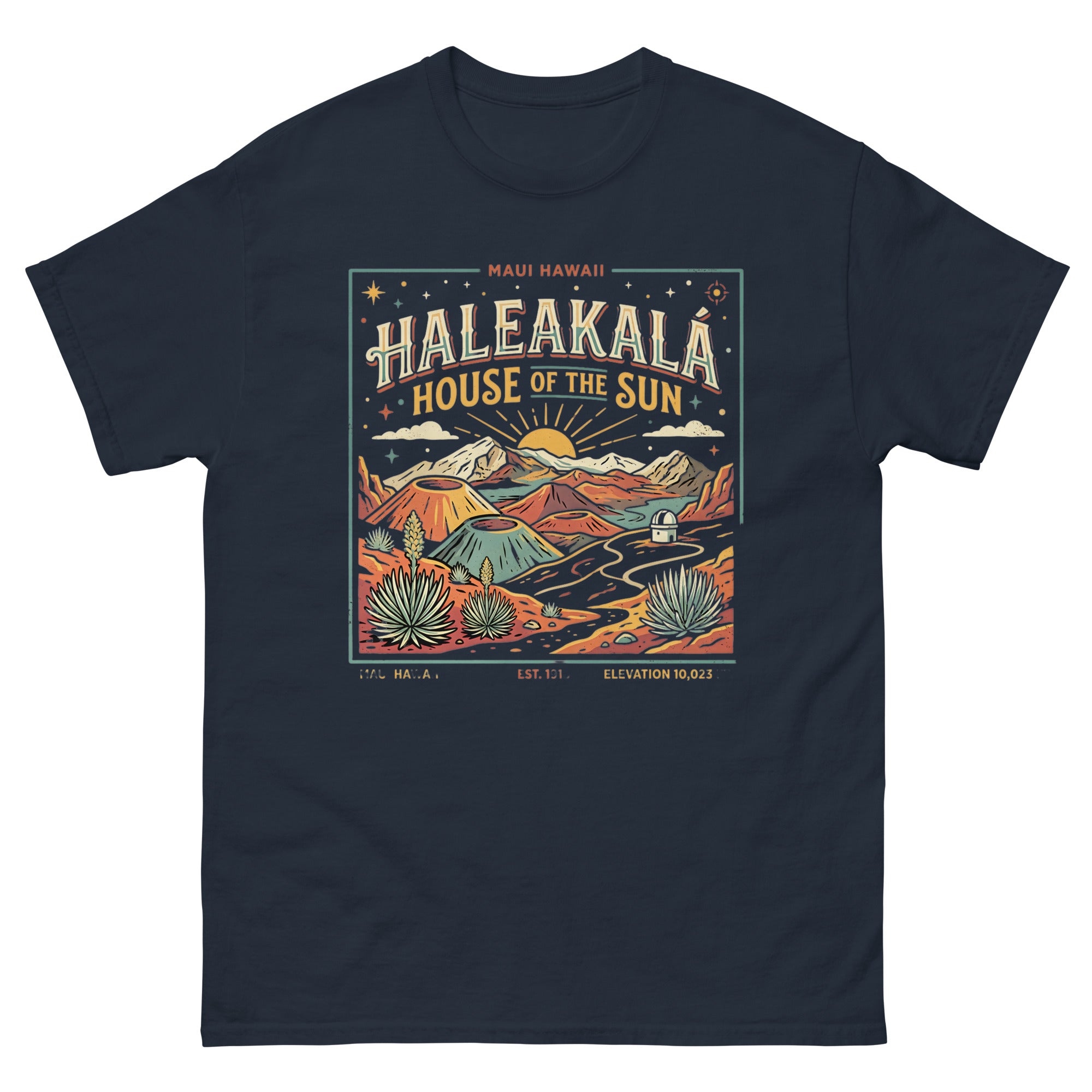 Haleakala House of the Sun Hawaiian t-shirt design on a Navy unisex tee