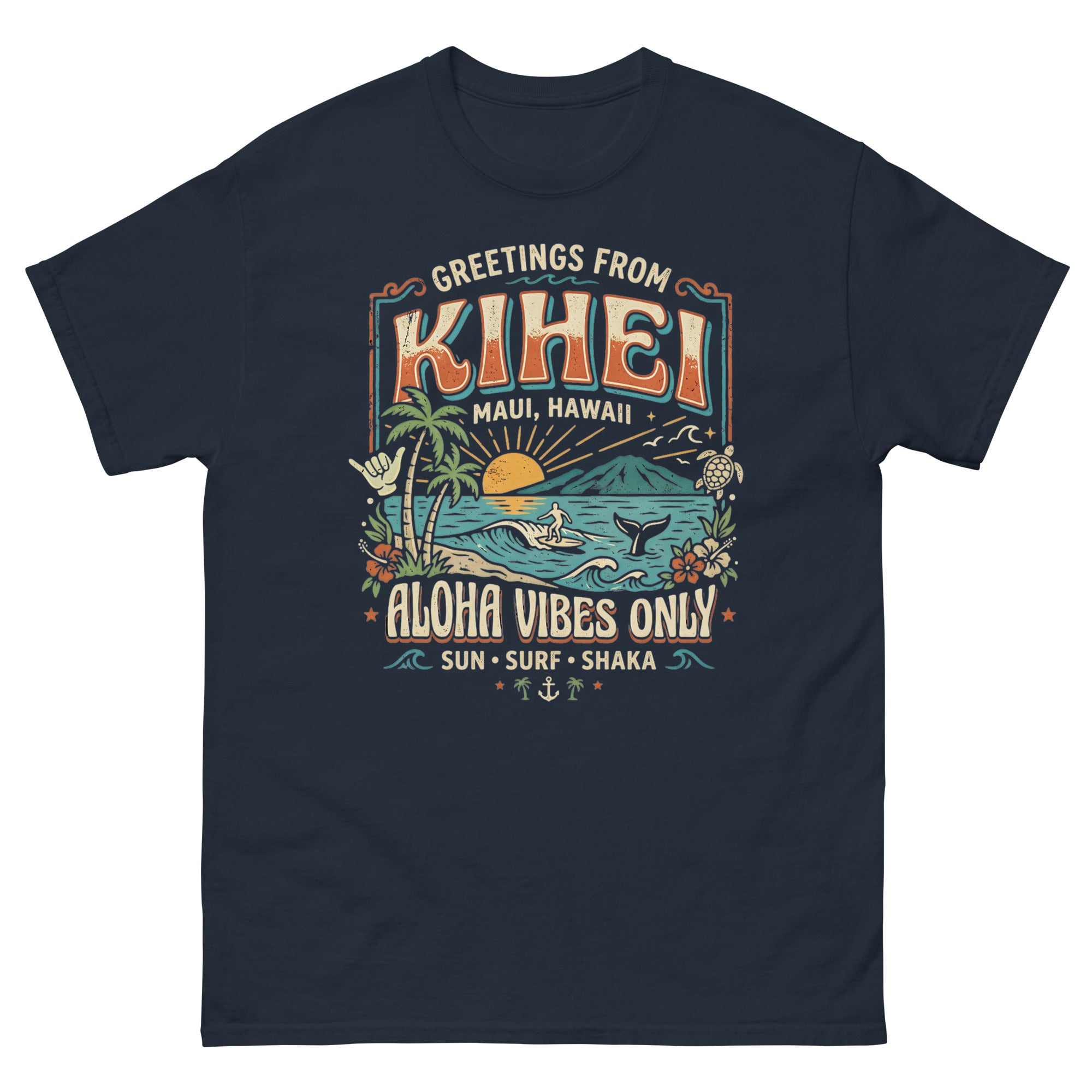 Greetings from Kihei Hawaiian t-shirt design on a Navy unisex tee