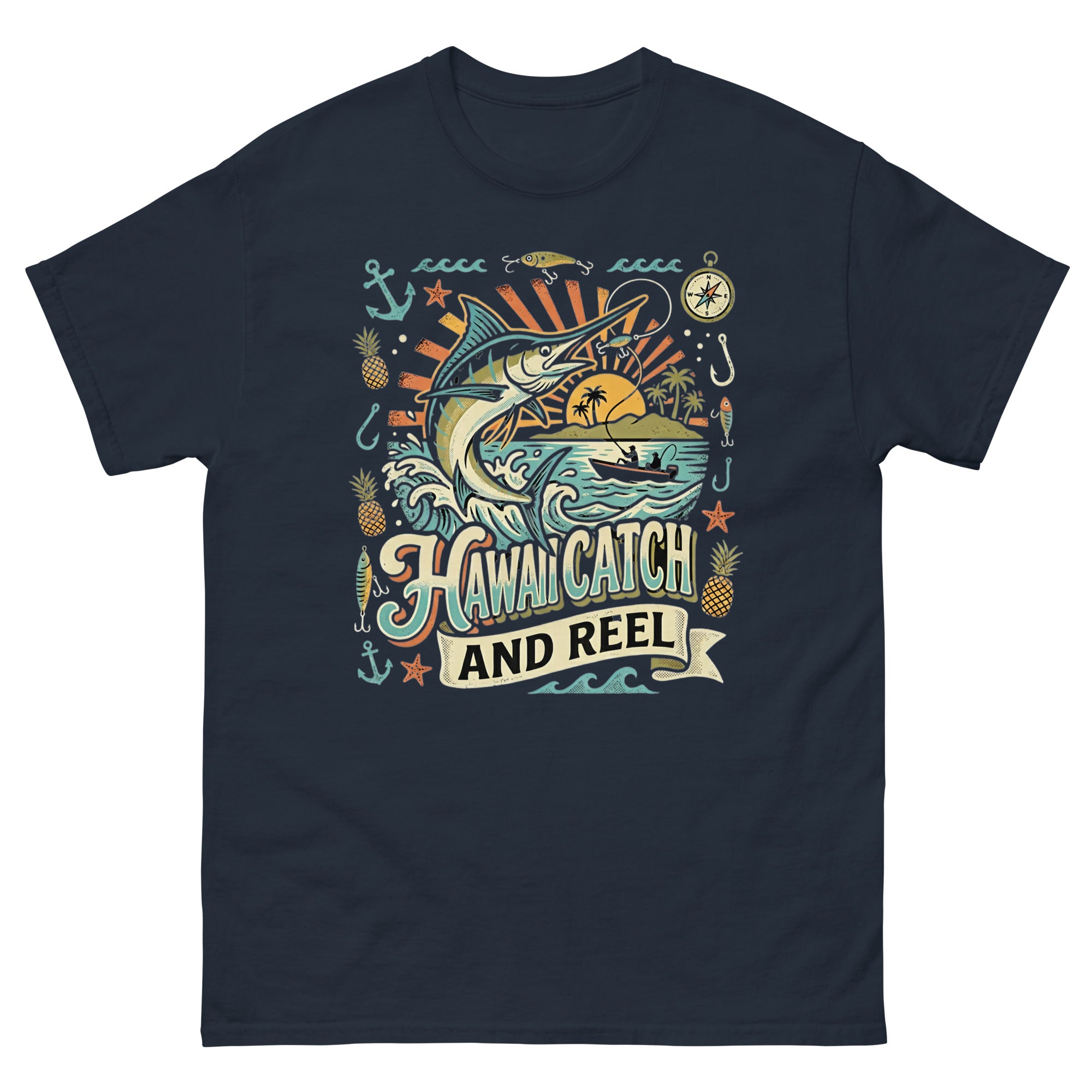 Hawaii Catch and Reel Hawaiian t-shirt design on a Navy unisex tee