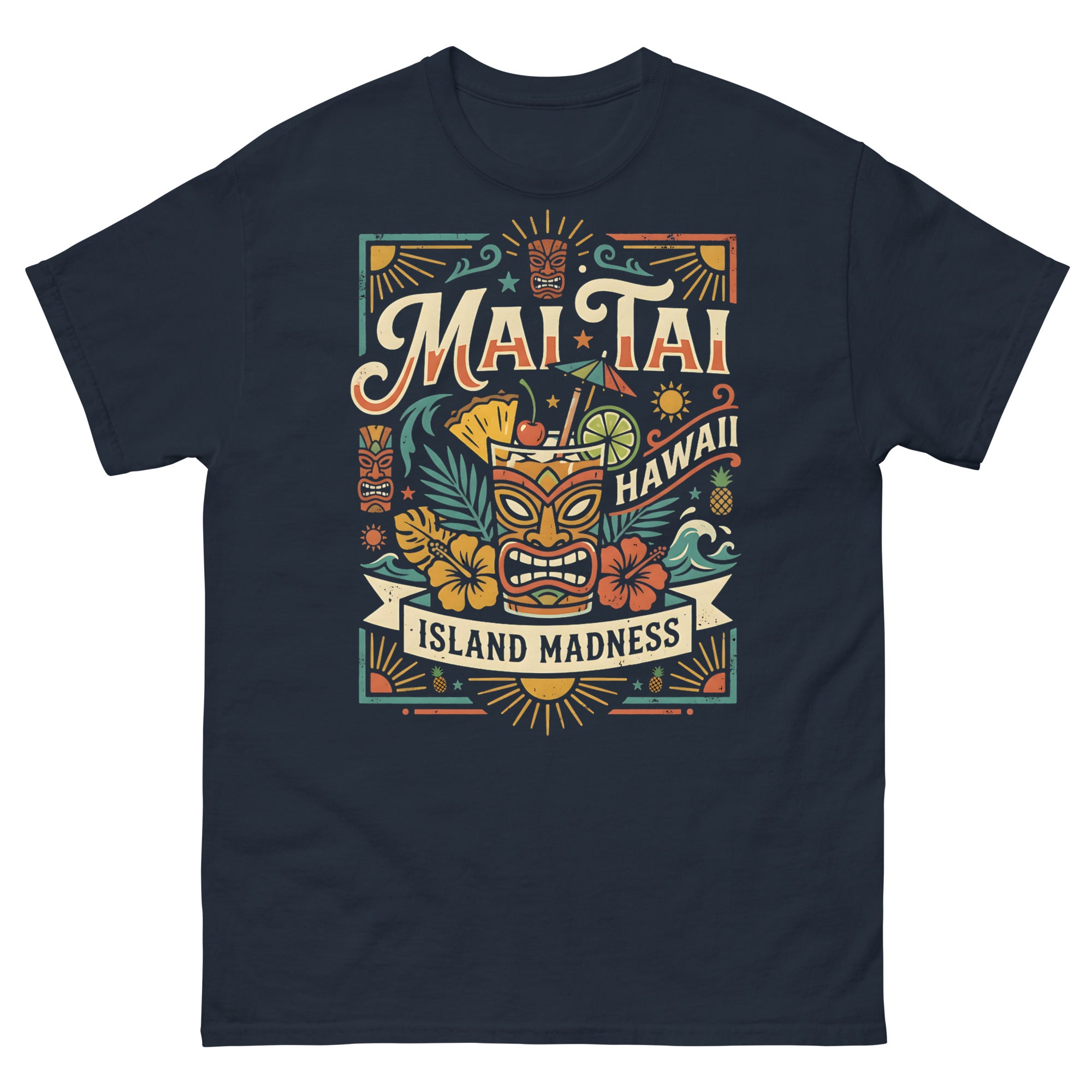 Island Mai Tai Time Hawaiian t-shirt design on a Navy unisex tee