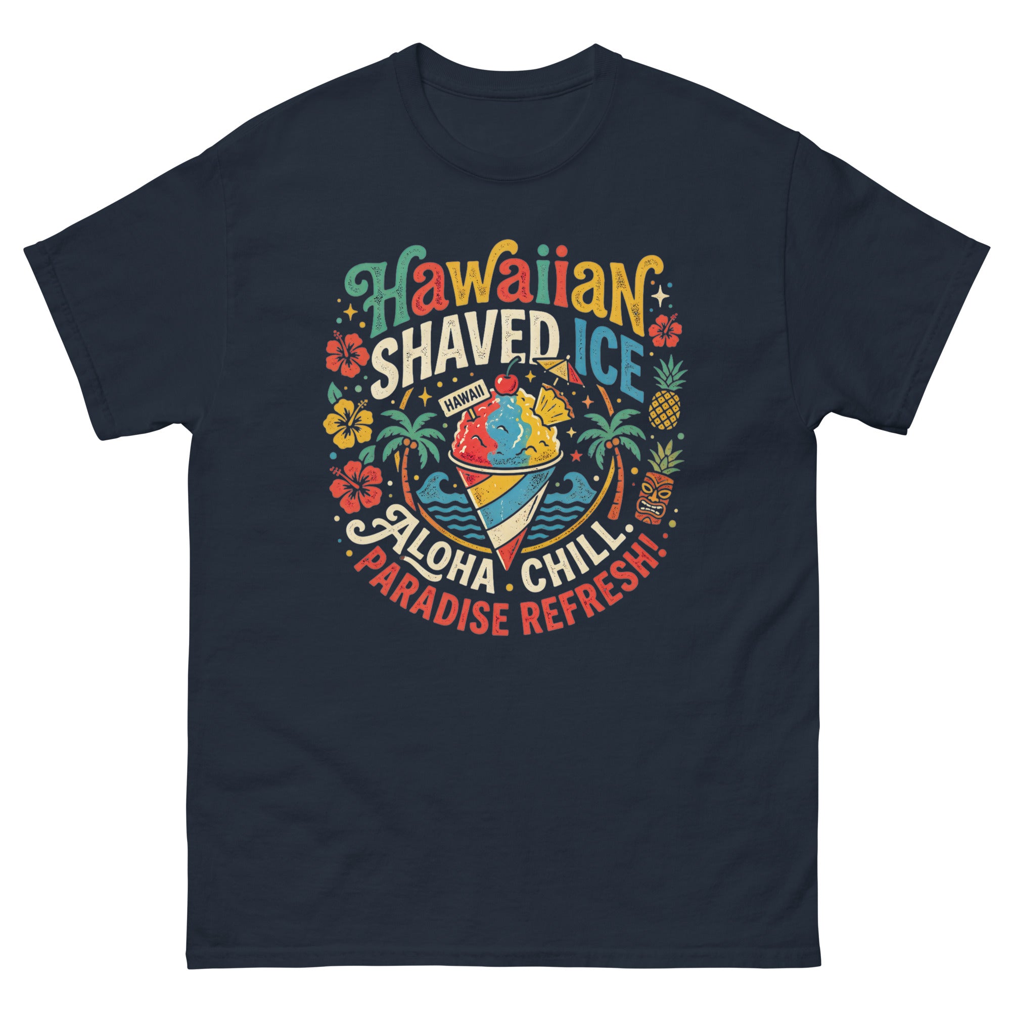 Hawaiian Shaved Ice Hawaiian t-shirt design on a Navy unisex tee