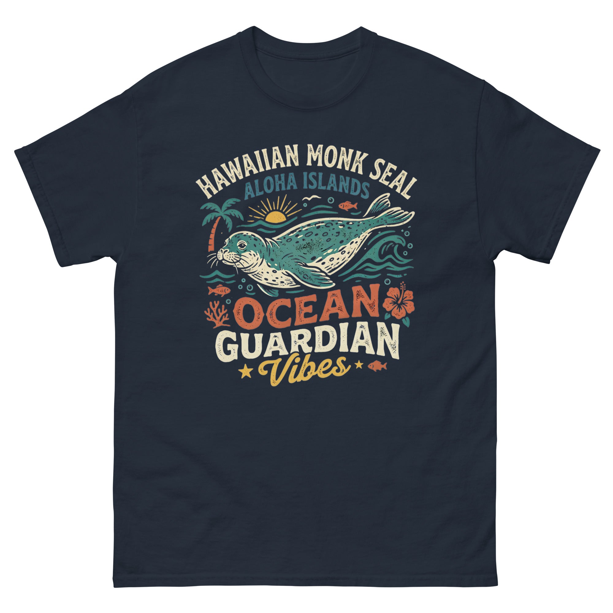 Hawaiian Monk Seal Ocean Guardian Hawaiian t-shirt design on a Navy unisex tee