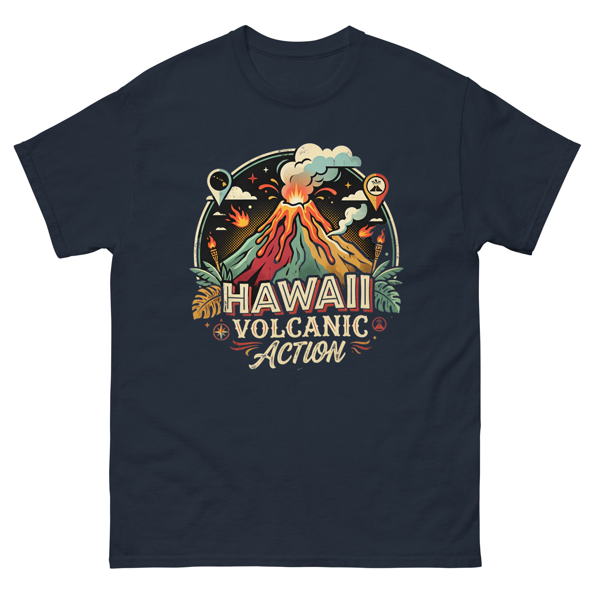 Hawaii Volcanic Action Hawaiian t-shirt design on a Navy unisex tee
