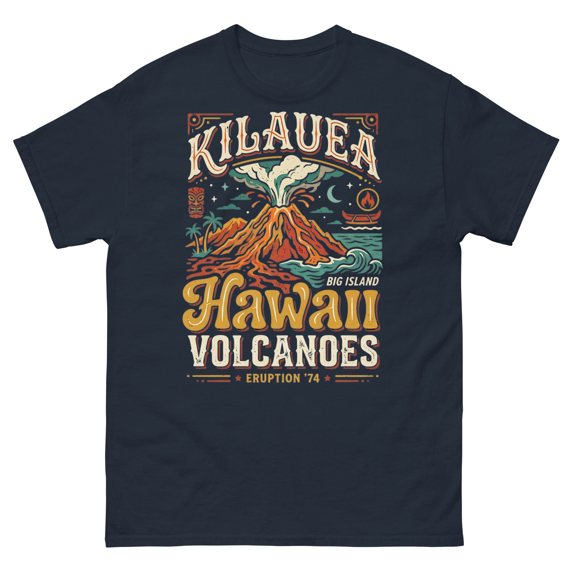 Kilauea Hawaii Volcanoes Eruption Hawaiian t-shirt design on a Navy unisex tee