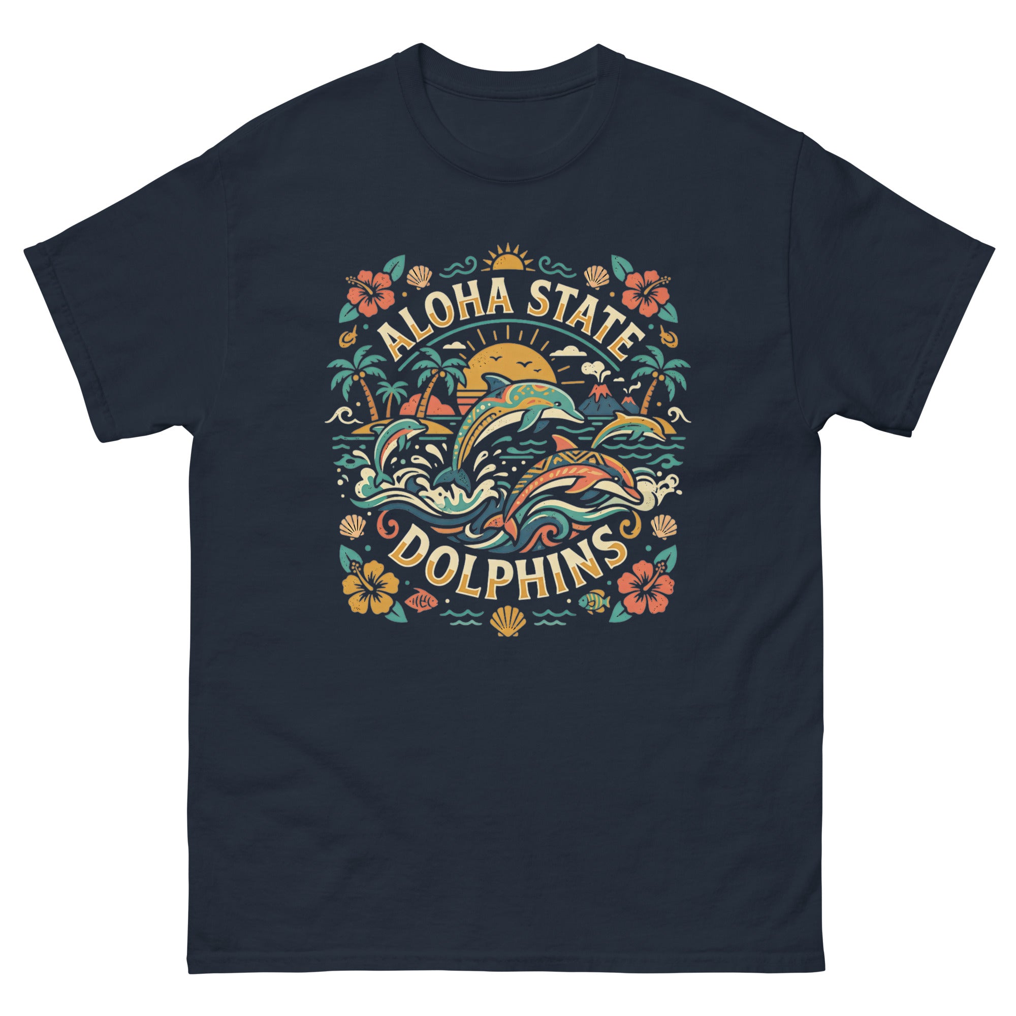 Aloha State Dolphins Hawaiian t-shirt design on a Navy unisex tee