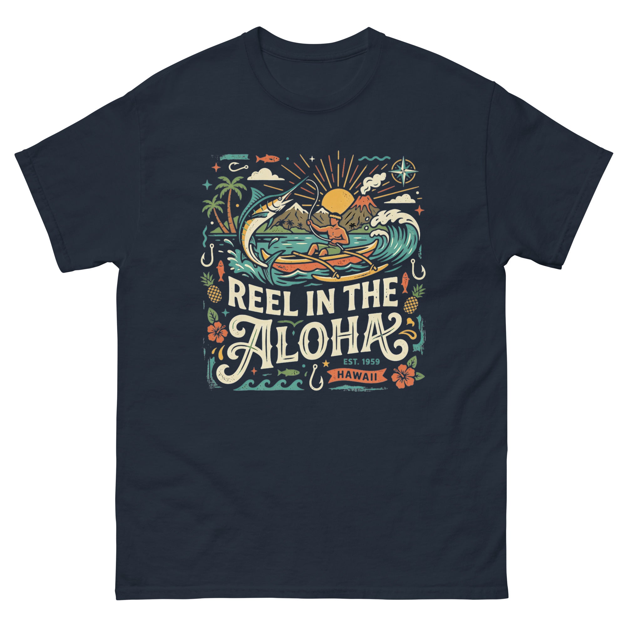 Reel in the Aloha Hawaiian t-shirt design on a Navy unisex tee