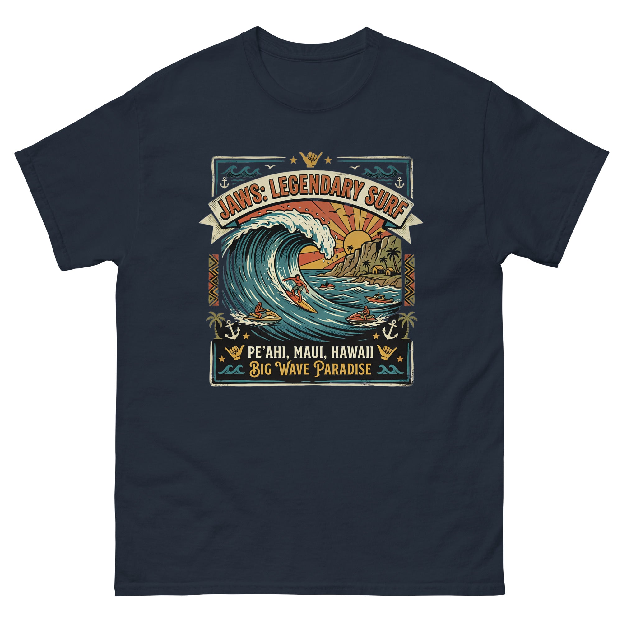 Jaws Legendary Surf Peahi Hawaiian t-shirt design on a Navy unisex tee