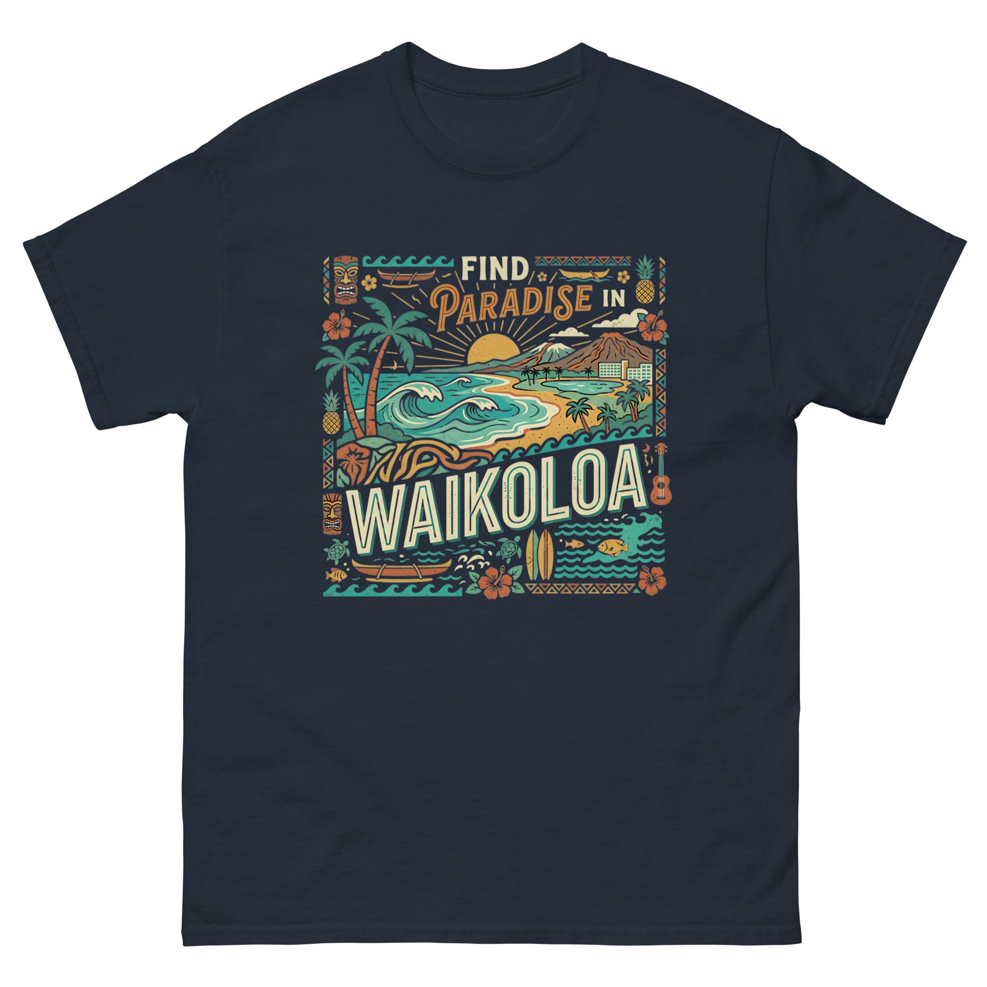 Find Paradise in Waikoloa Hawaiian t-shirt design on a Navy unisex tee