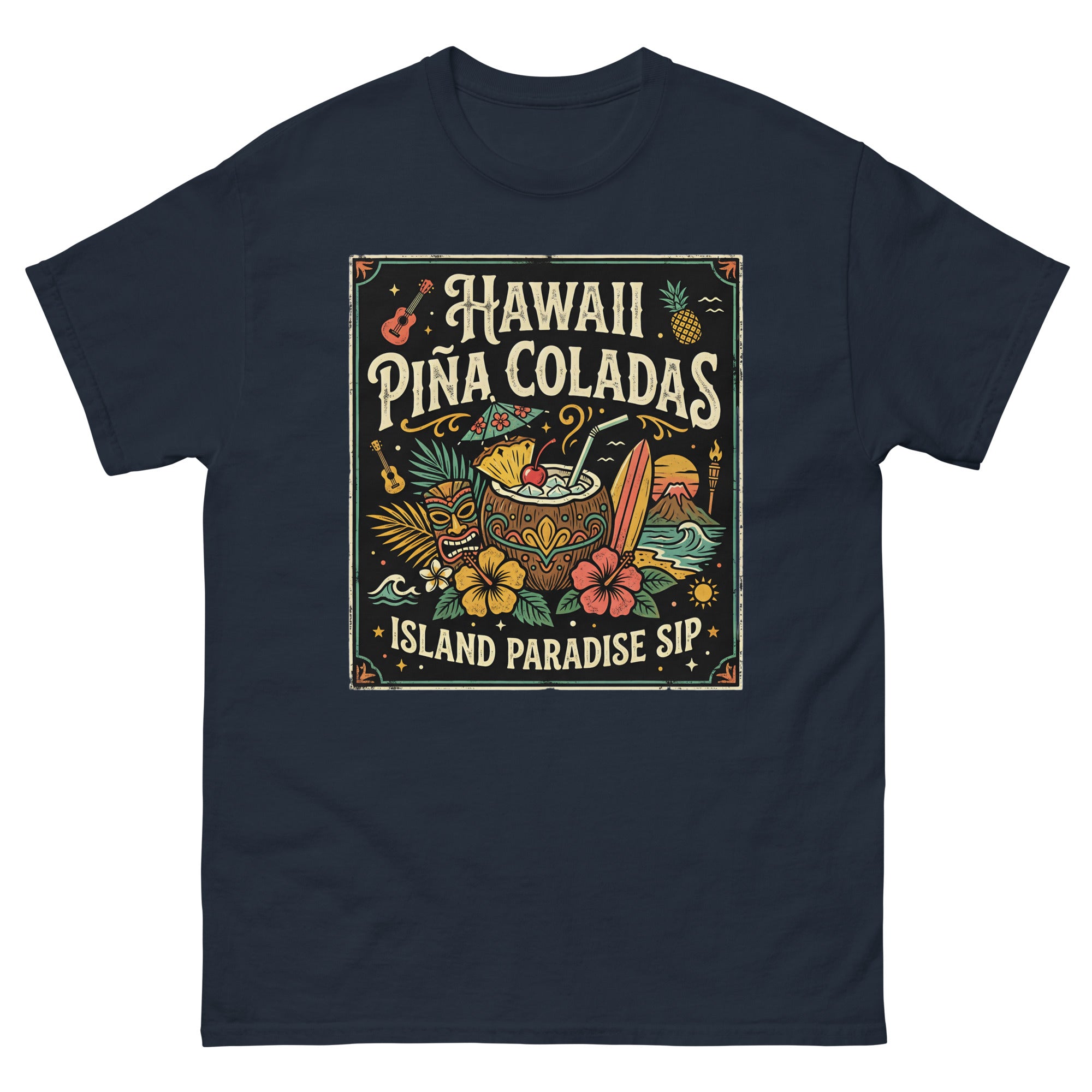 Hawaii Pina Coladas Aloha in a Glass Hawaiian t-shirt design on a Navy unisex tee