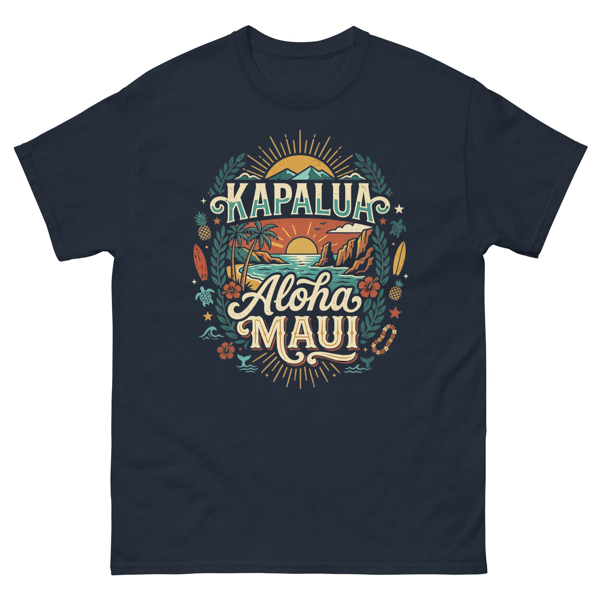 Kapalua Aloha Maui Hawaiian t-shirt design on a Navy unisex tee