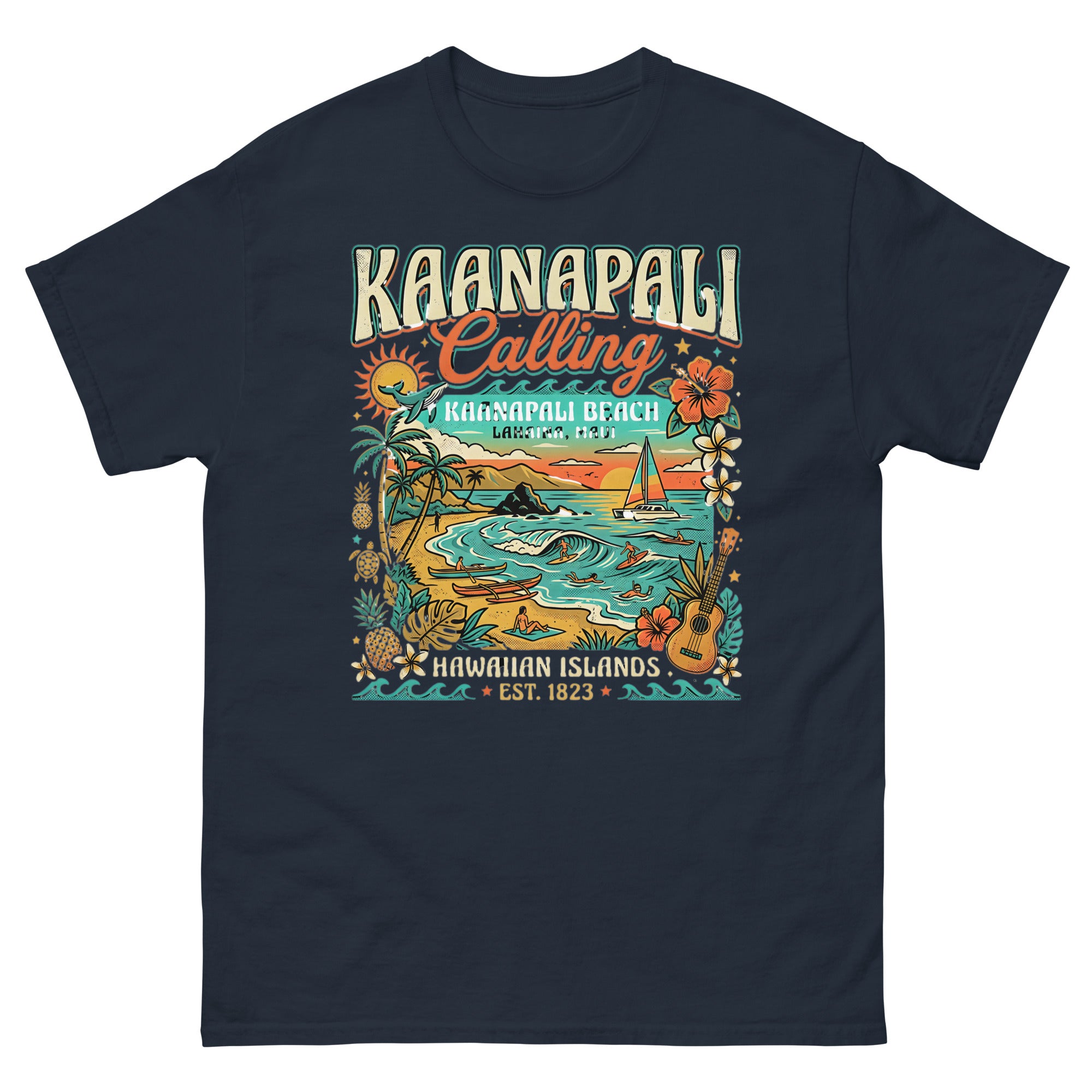 Kaanapali Calling Beach v1 Hawaiian t-shirt design on a Navy unisex tee