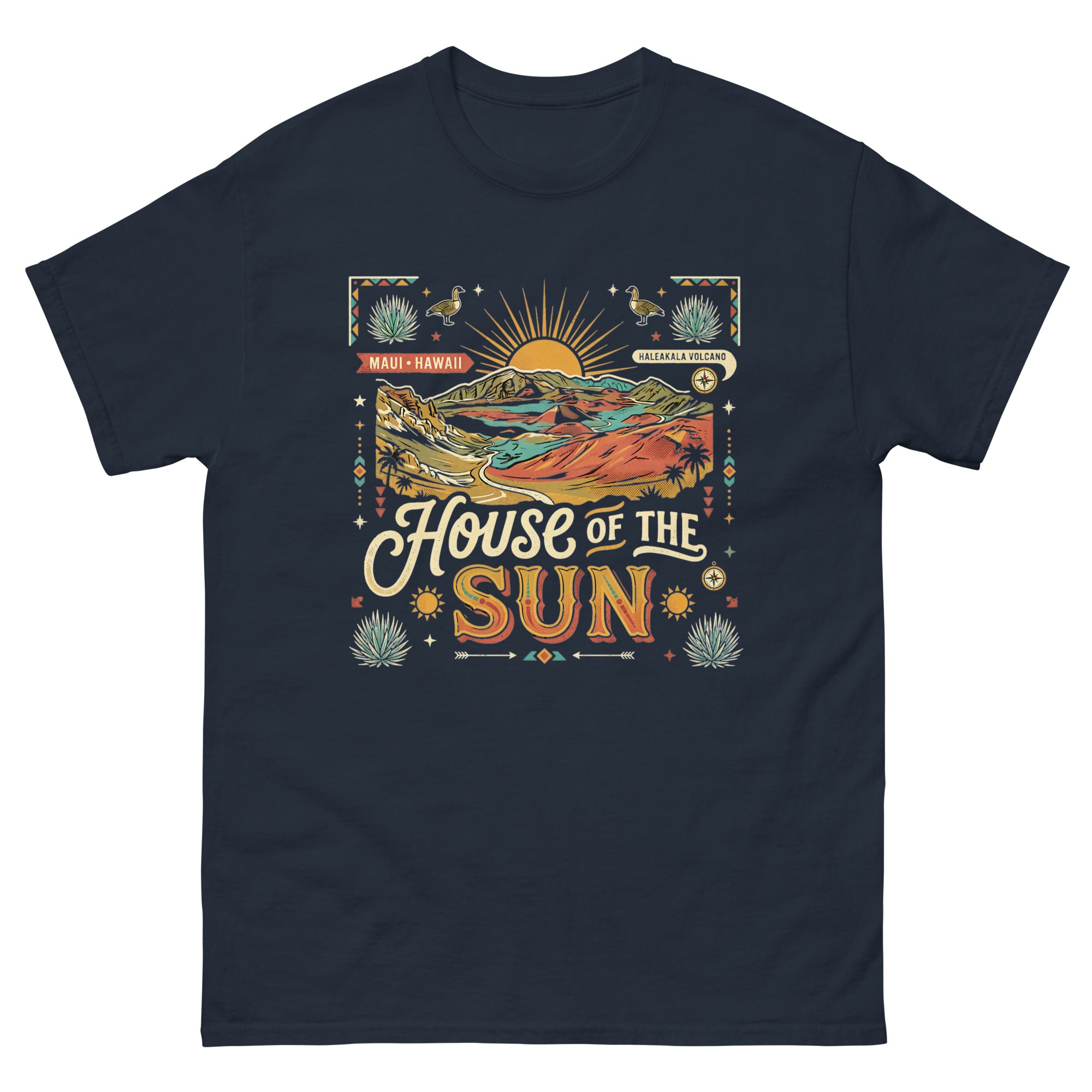 House of the Sun Haleakala Volcano Hawaiian t-shirt design on a Navy unisex tee