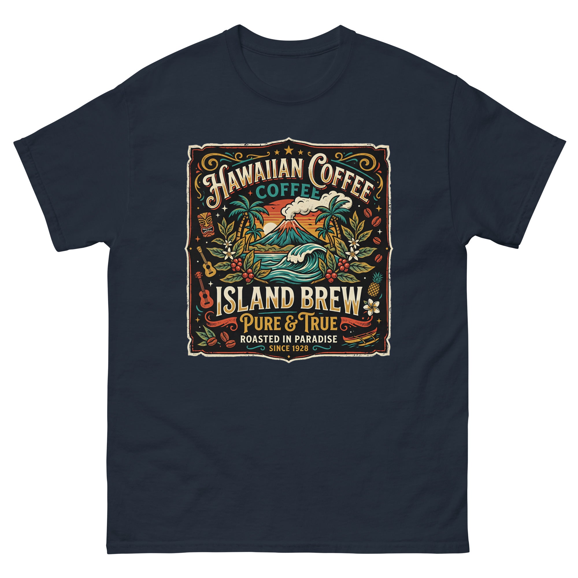 Hawaiian Coffee Island Brew Hawaiian t-shirt design on a Navy unisex tee