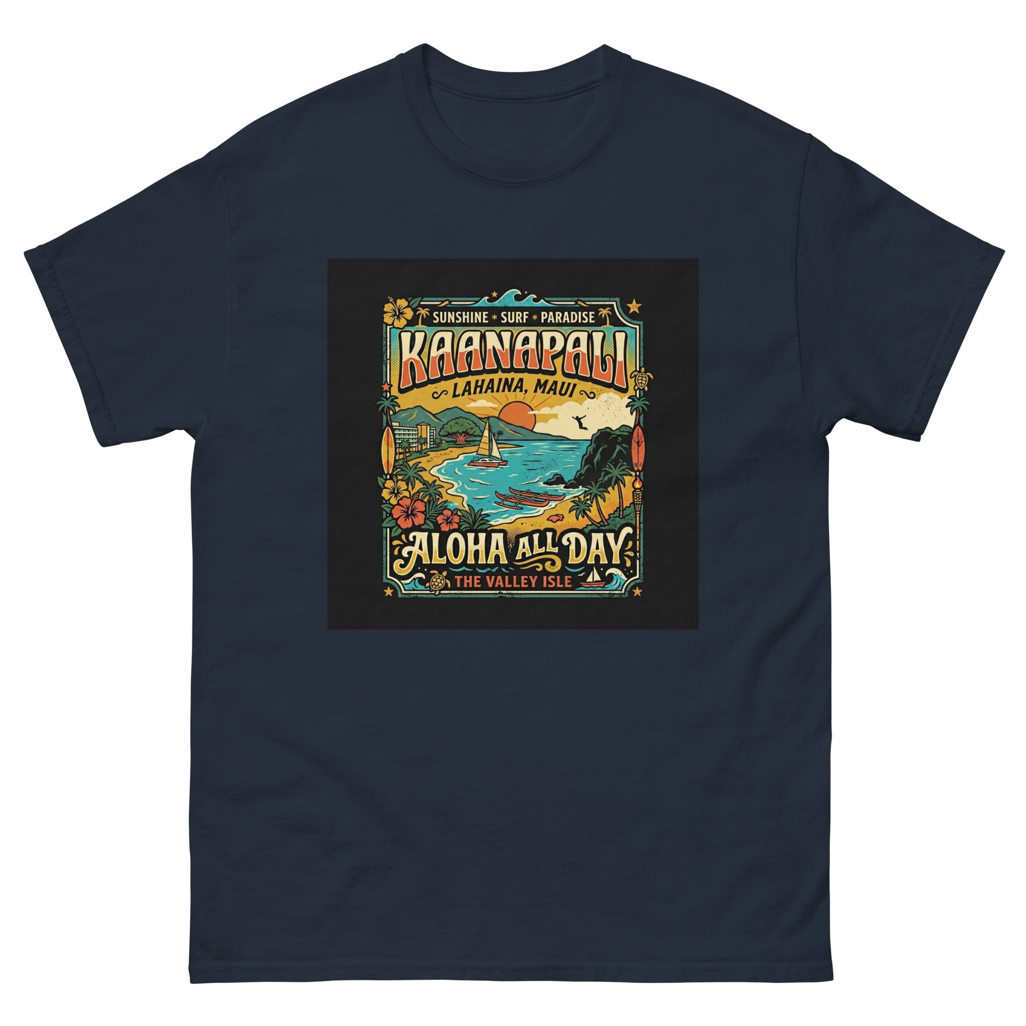 Kaanapali Lahaina Aloha All Day v2 Hawaiian t-shirt design on a Navy unisex tee