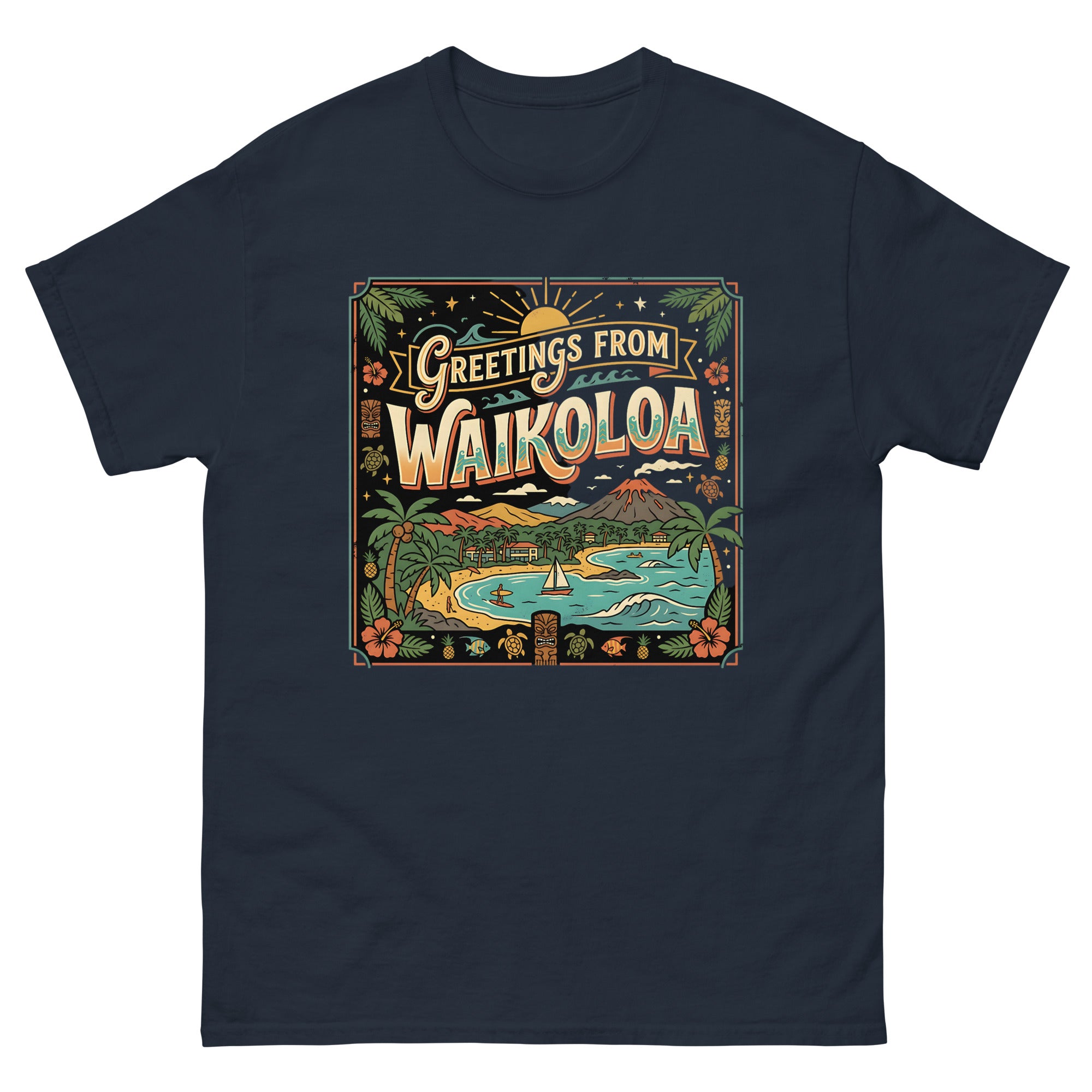 Greetings from Waikoloa Hawaiian t-shirt design on a Navy unisex tee