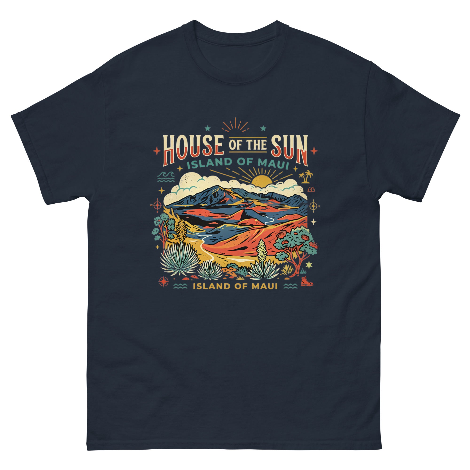 House of the Sun Island of Maui Hawaiian t-shirt design on a Navy unisex tee