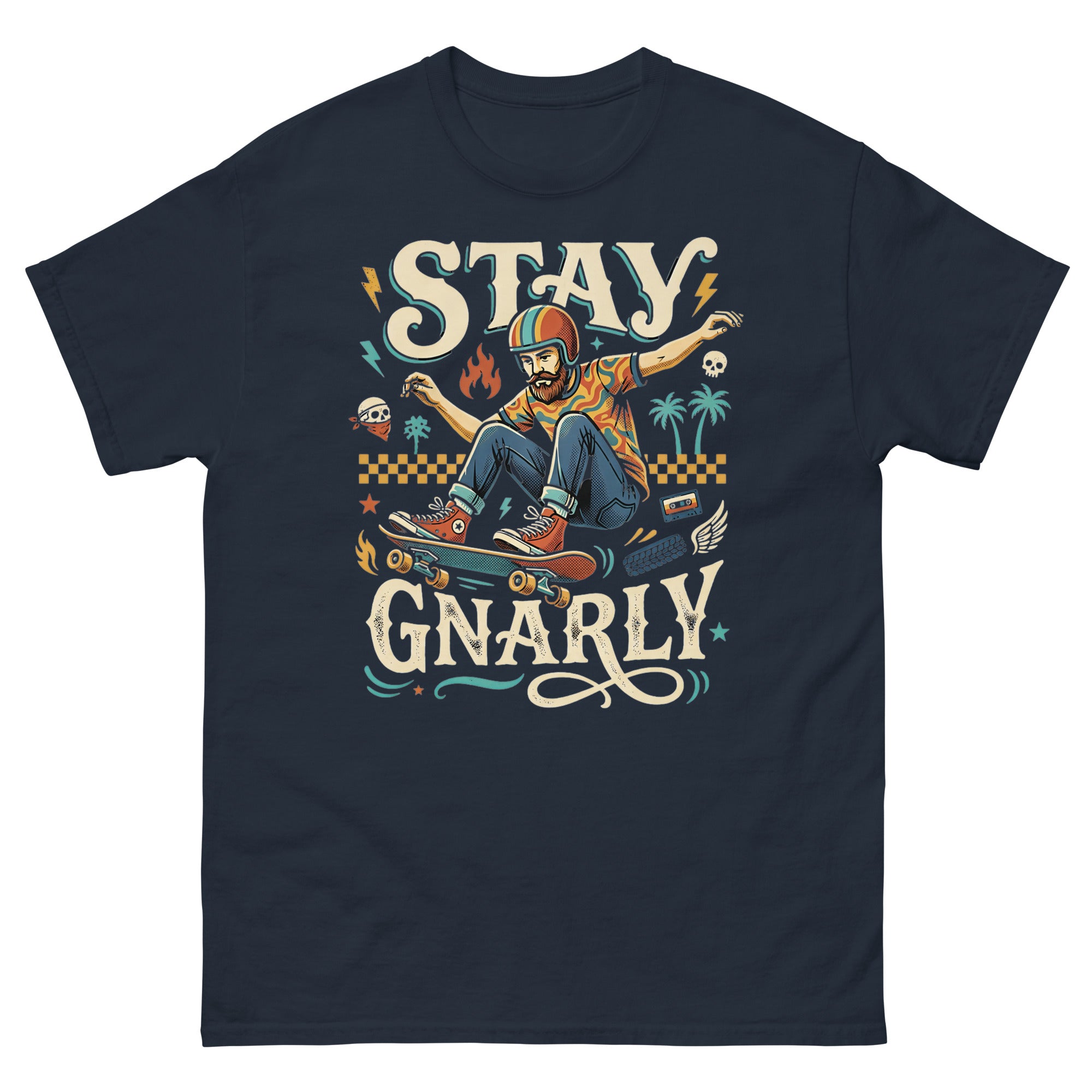 Skate for Life v2 Hawaiian t-shirt design on a Navy unisex tee