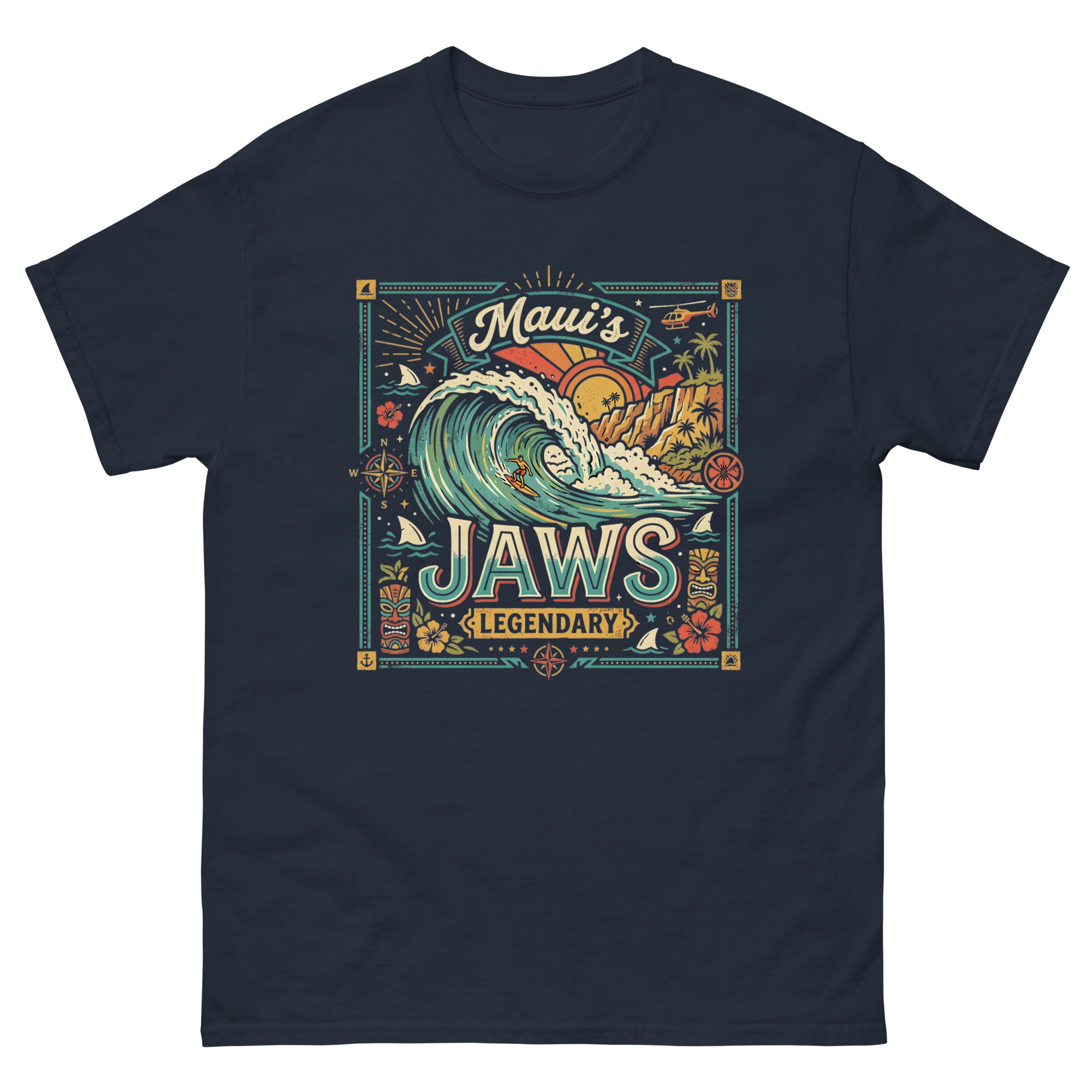 Mauis Jaws Legendary Hawaiian t-shirt design on a Navy unisex tee