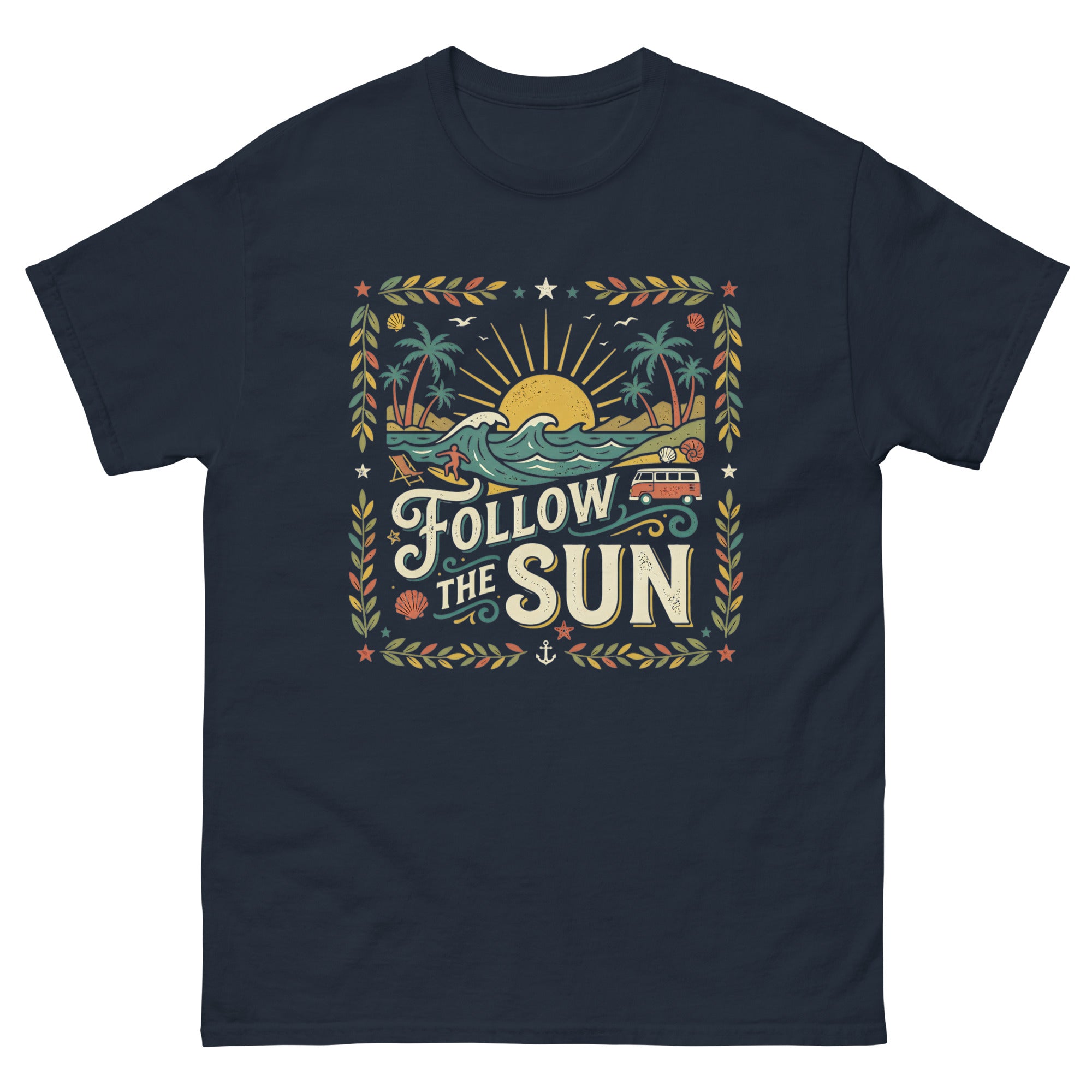 Chasing the Sun v2 Hawaiian t-shirt design on a Navy unisex tee
