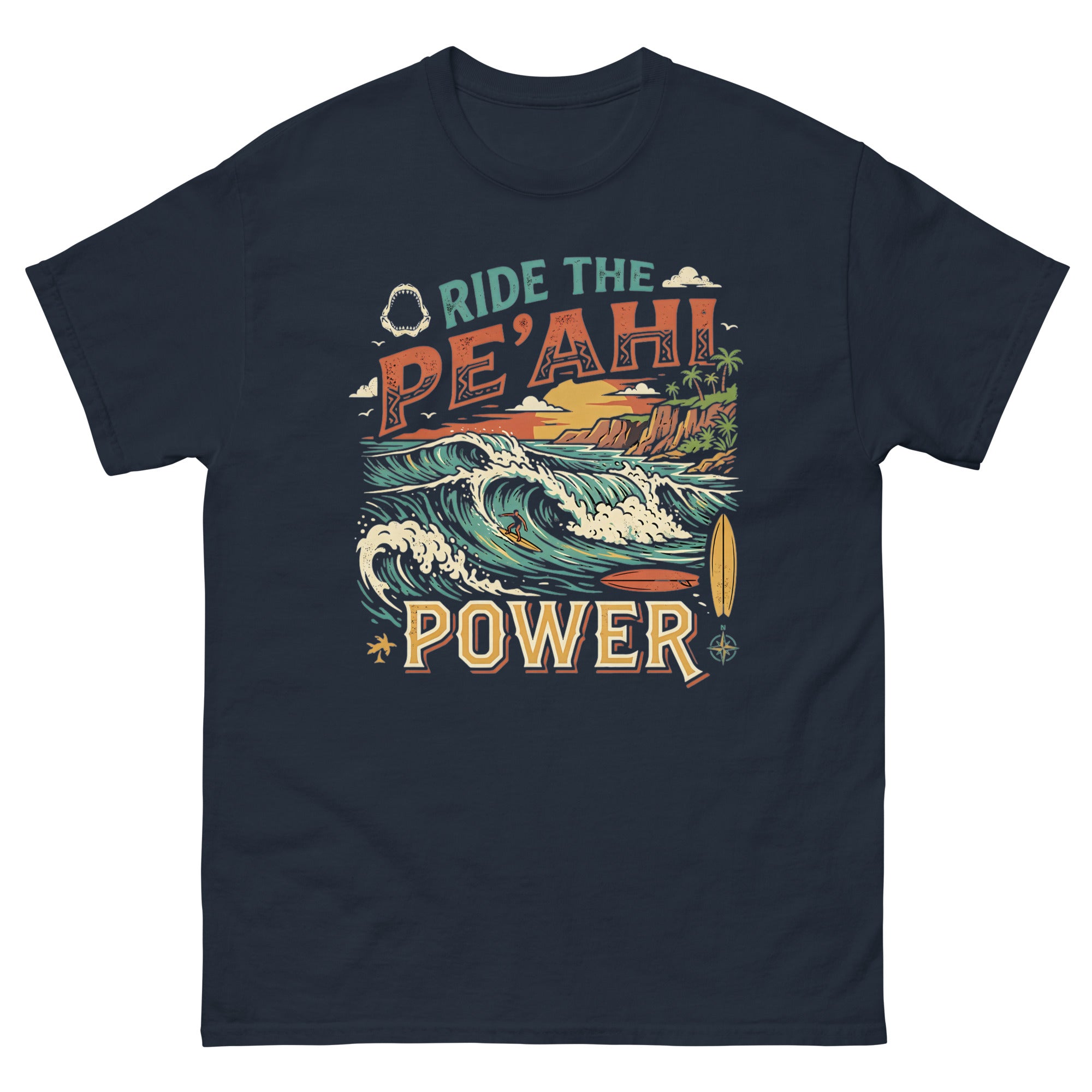 Ride the Peahi Power Hawaiian t-shirt design on a Navy unisex tee