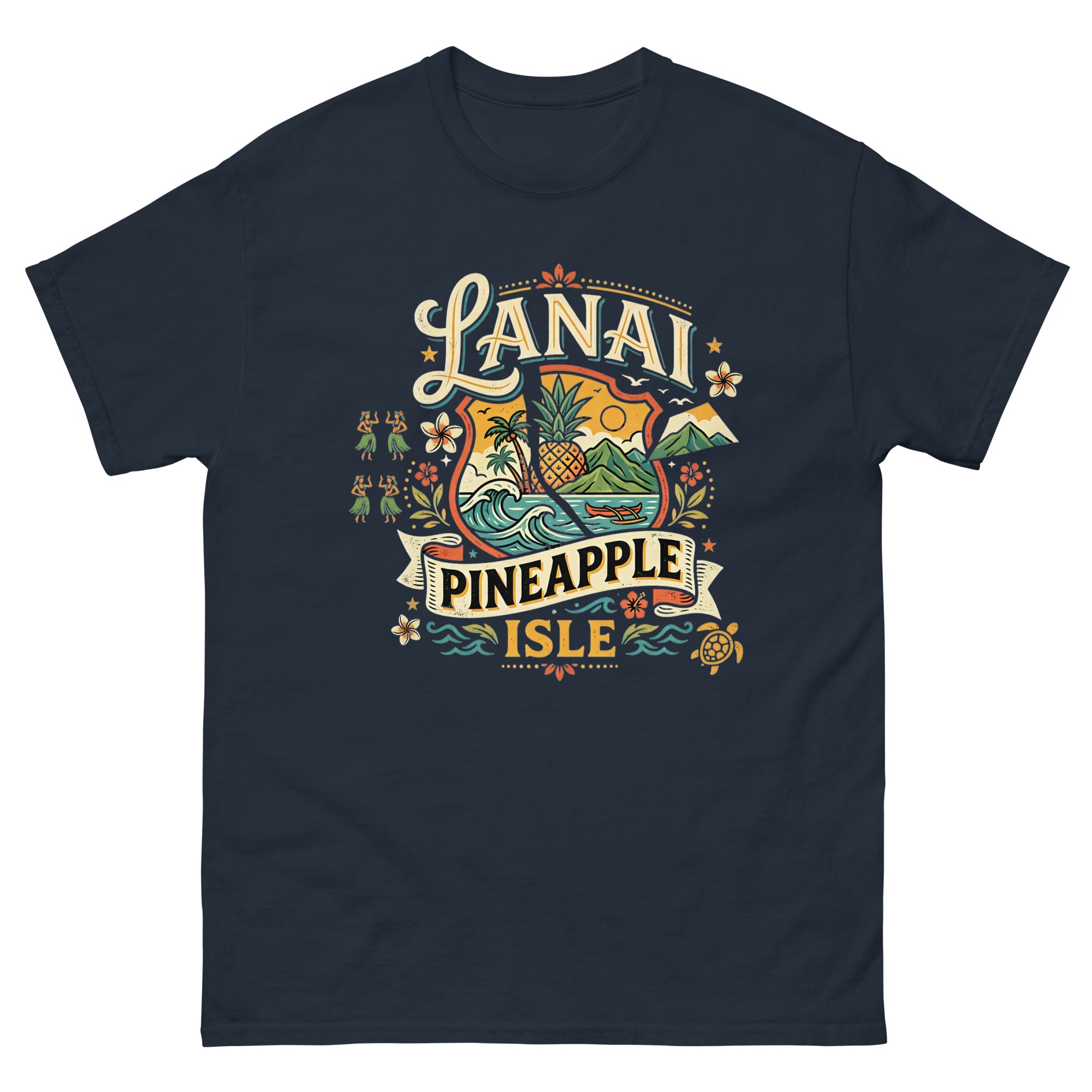 Lanai Pineapple Isle Hawaiian t-shirt design on a Navy unisex tee