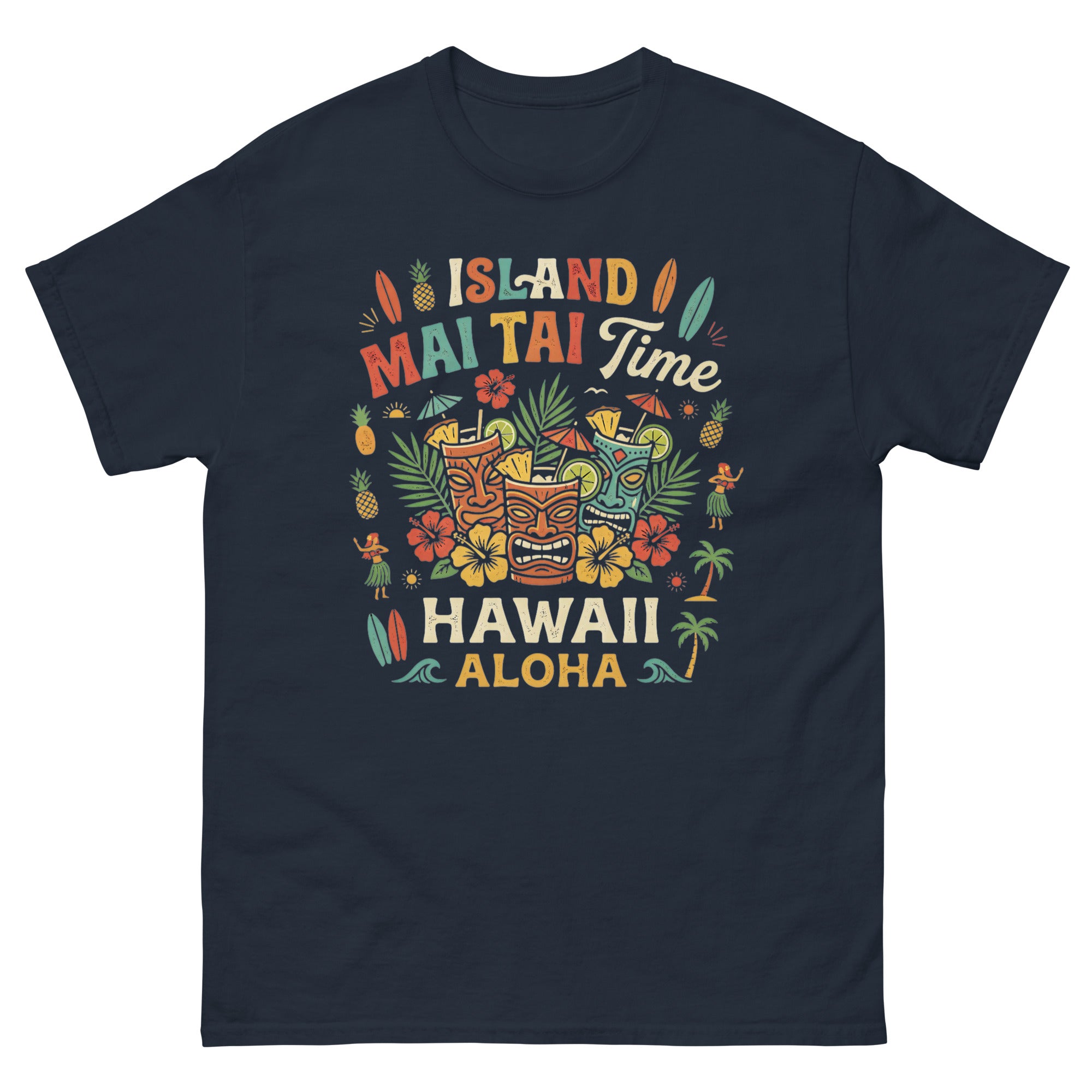 Island Mai Tai Time Hawaii v1 Hawaiian t-shirt design on a Navy unisex tee