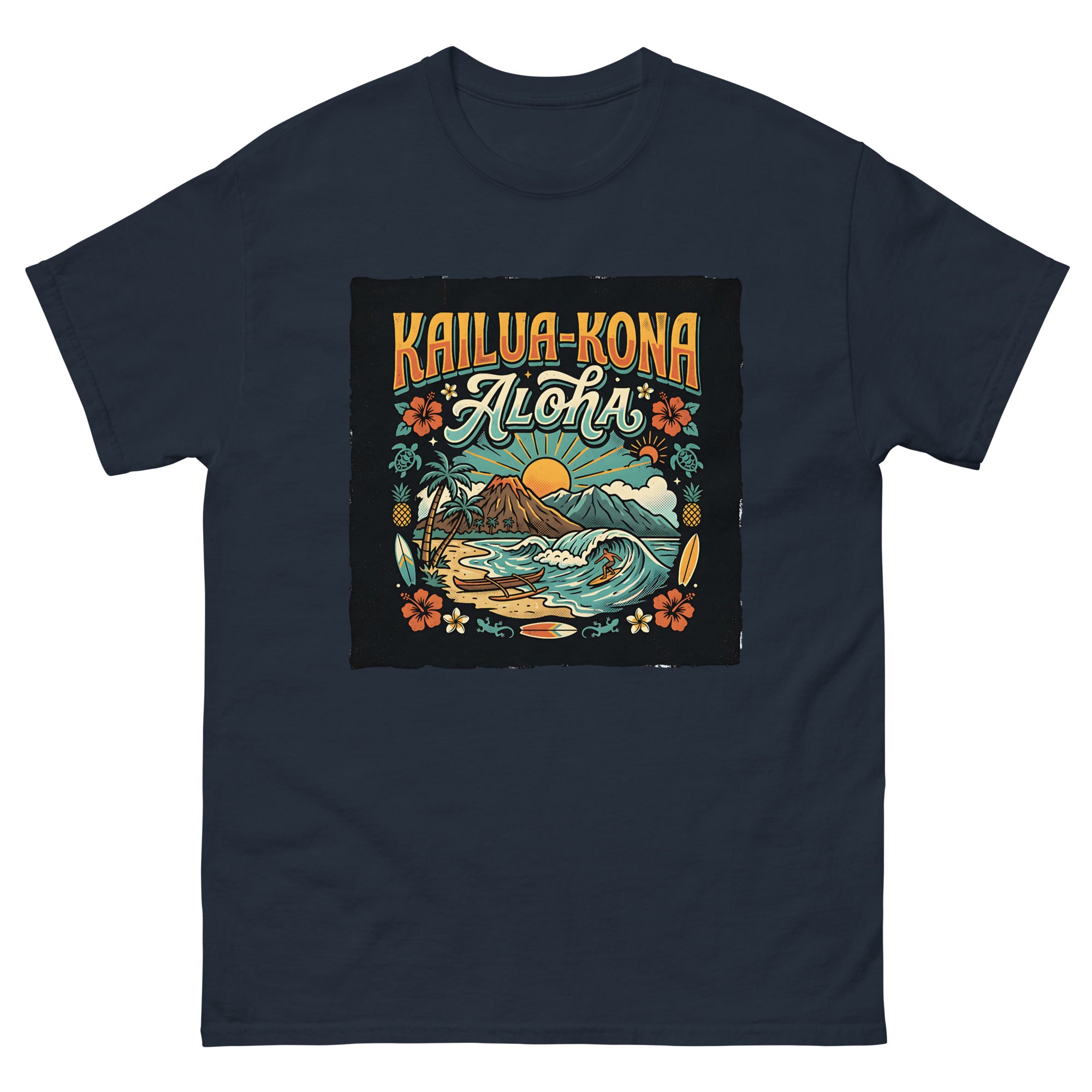 Kailua Kona Aloha Hawaiian t-shirt design on a Navy unisex tee