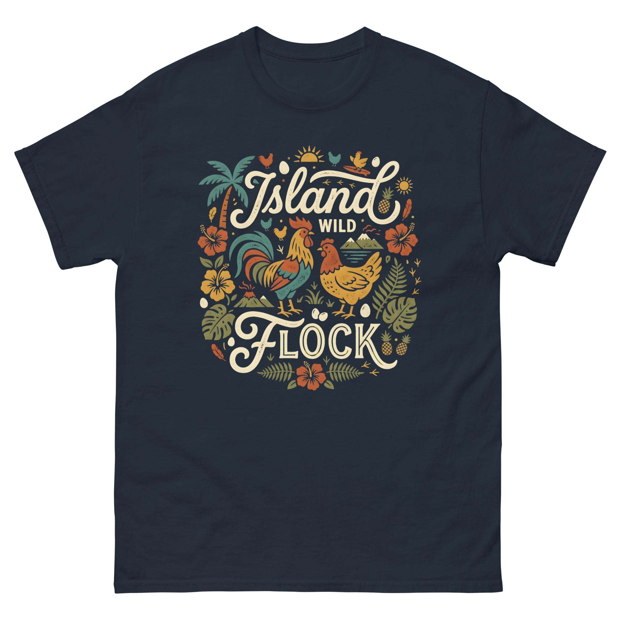 Island Wild Flock Hawaiian t-shirt design on a Navy unisex tee